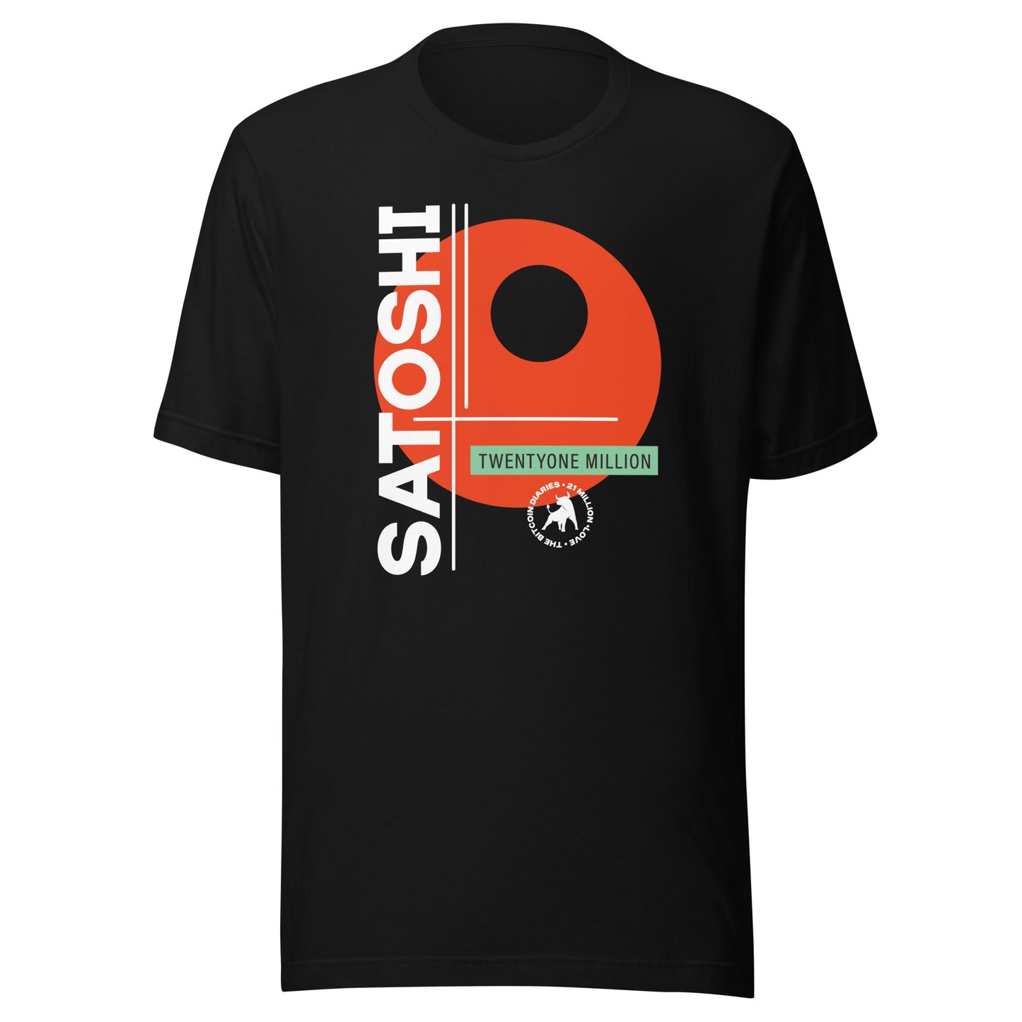 Black t-shirt with 'Satoshi Twenty One Million' graphic design on a white background