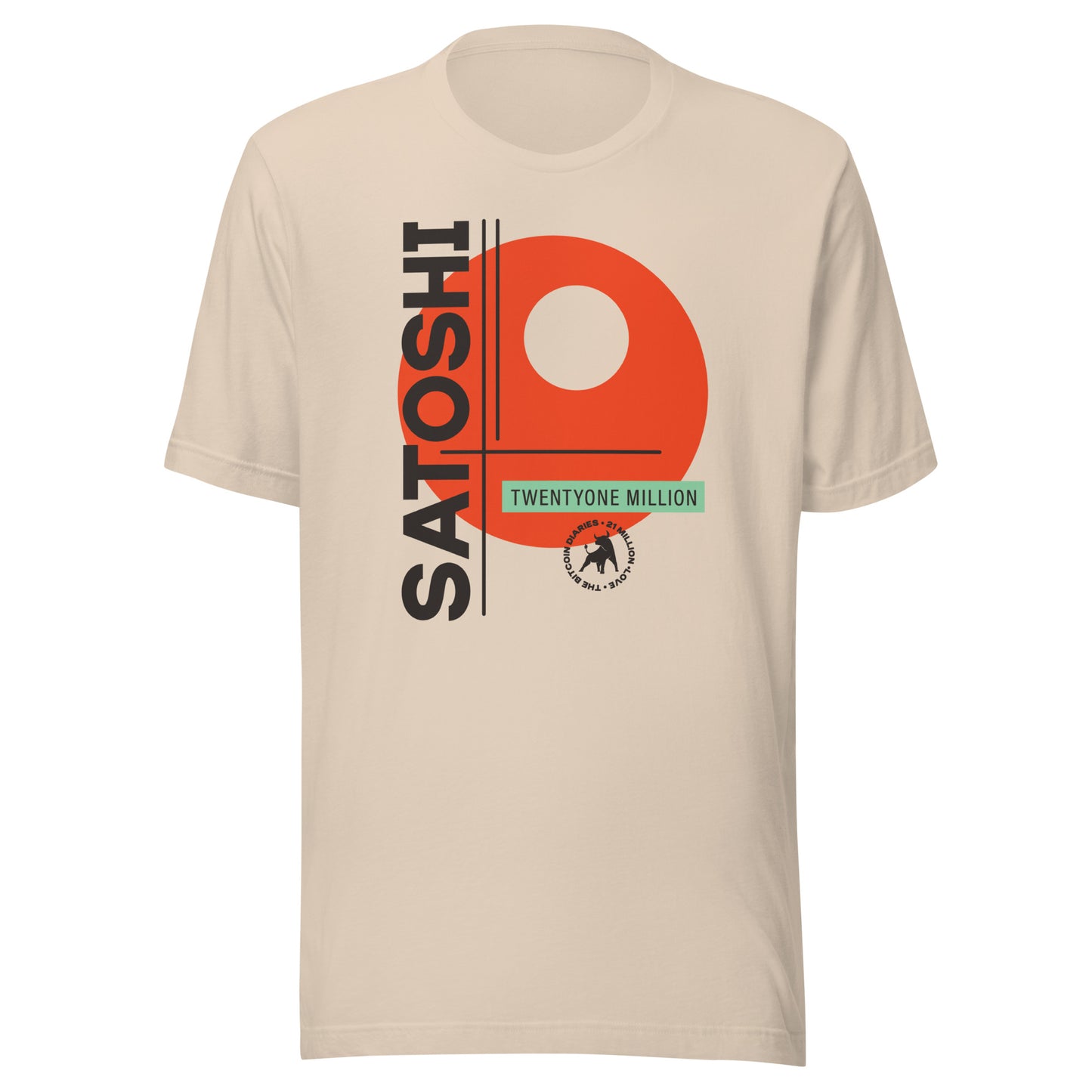 Beige t-shirt with 'Satoshi' and 'Twenty One Million' design on a white background