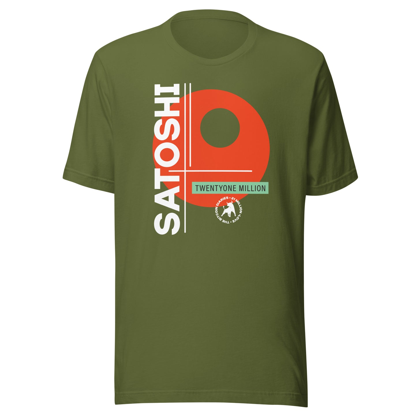 Green t-shirt with 'Satoshi Twenty One Million' graphic design on a white background