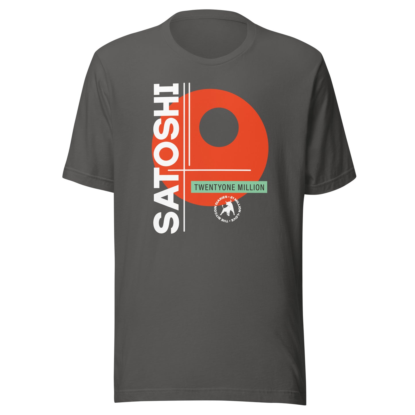 Gray t-shirt with 'Satoshi' and 'Twenty One Million' design on a white background