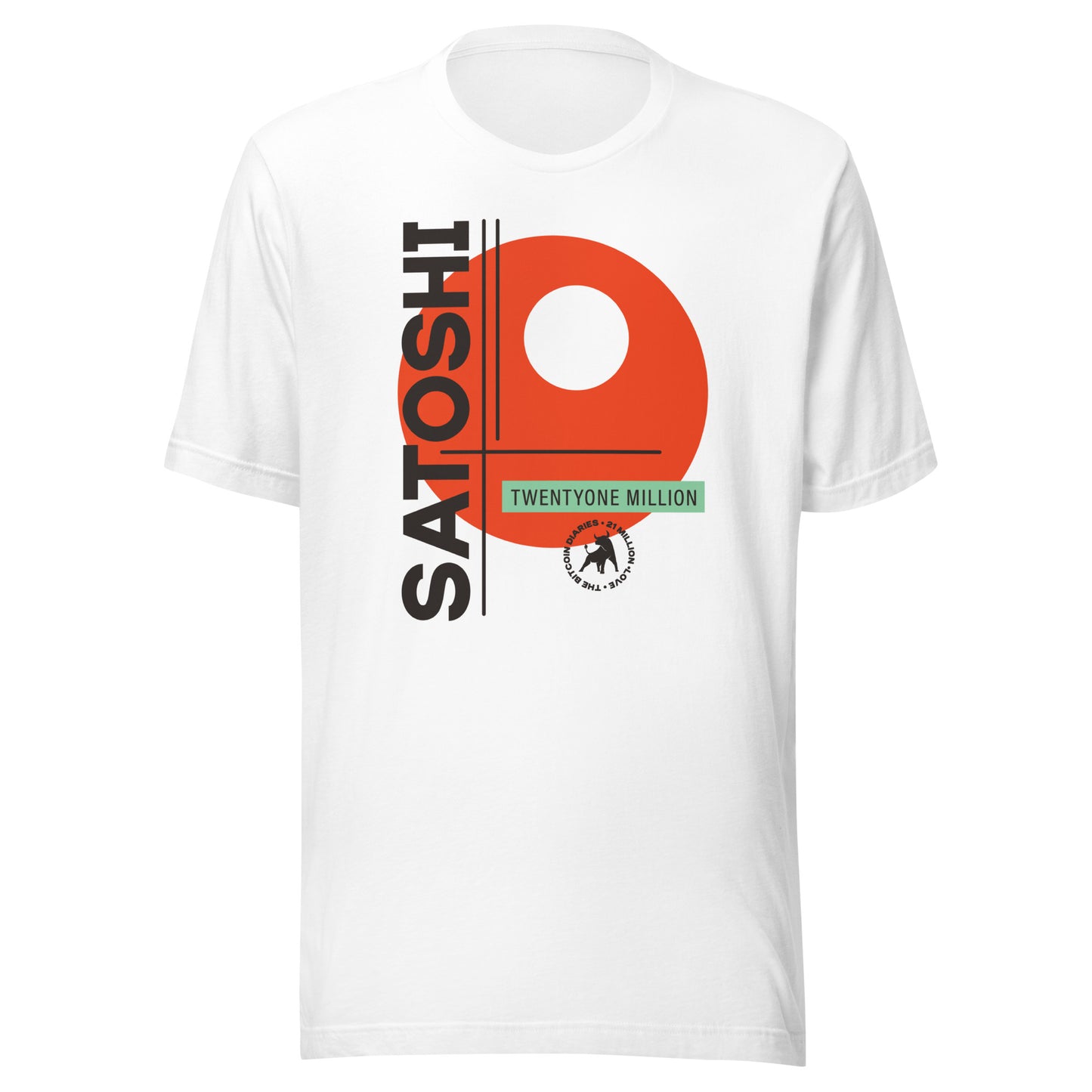 White t-shirt with a red and black graphic design on a white background - 'satoshi -21 million'