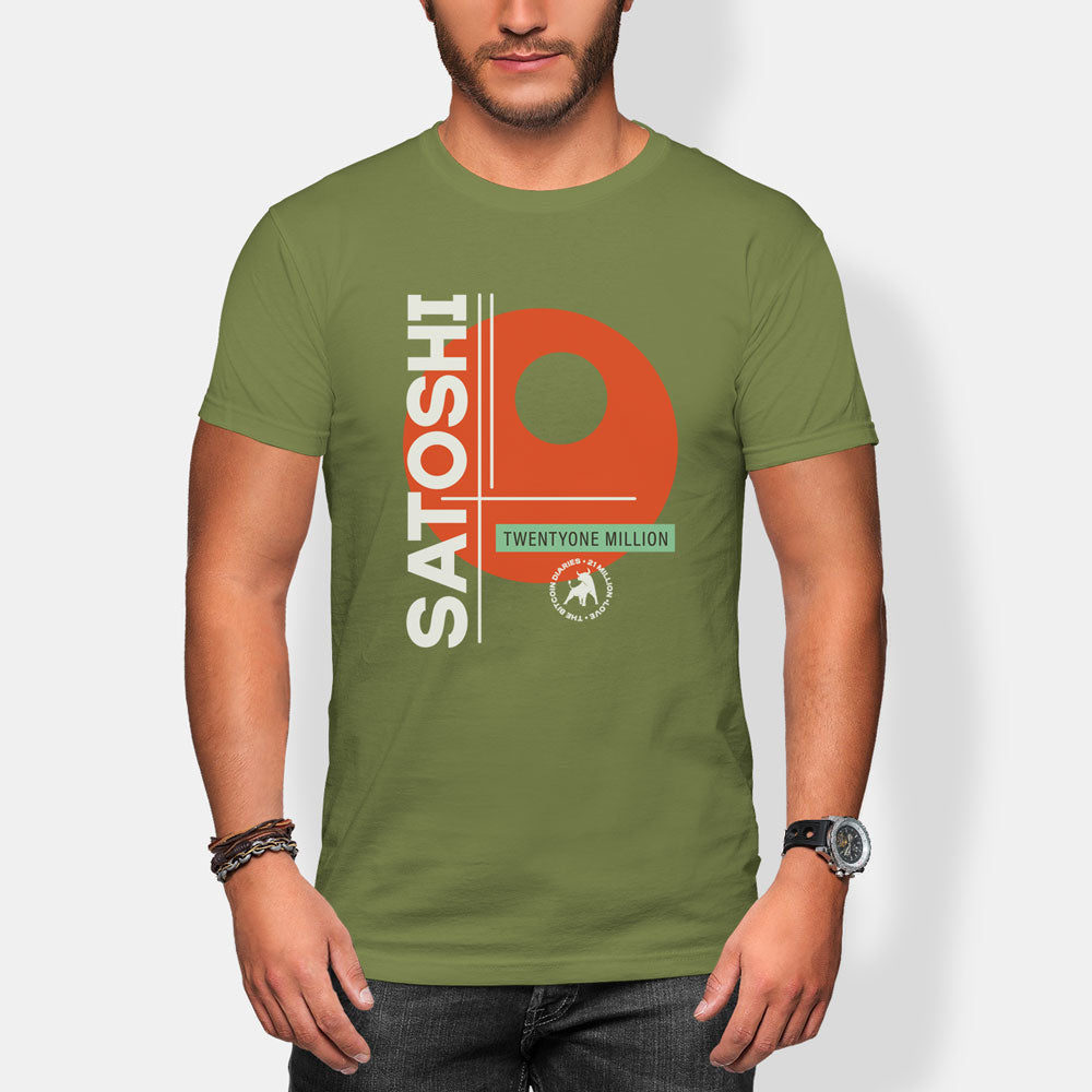 Person wearing a green t-shirt with 'Satoshi' design on a white background