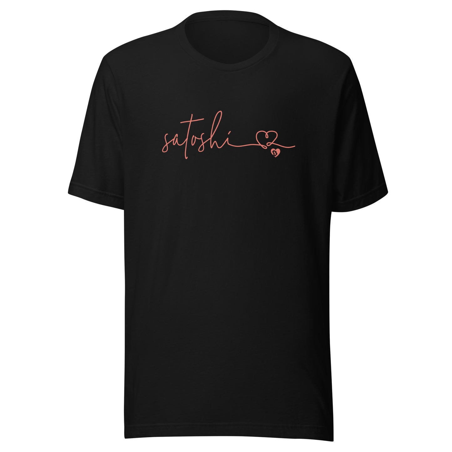 Black t-shirt with 'satoshi' and a heart design on a white background