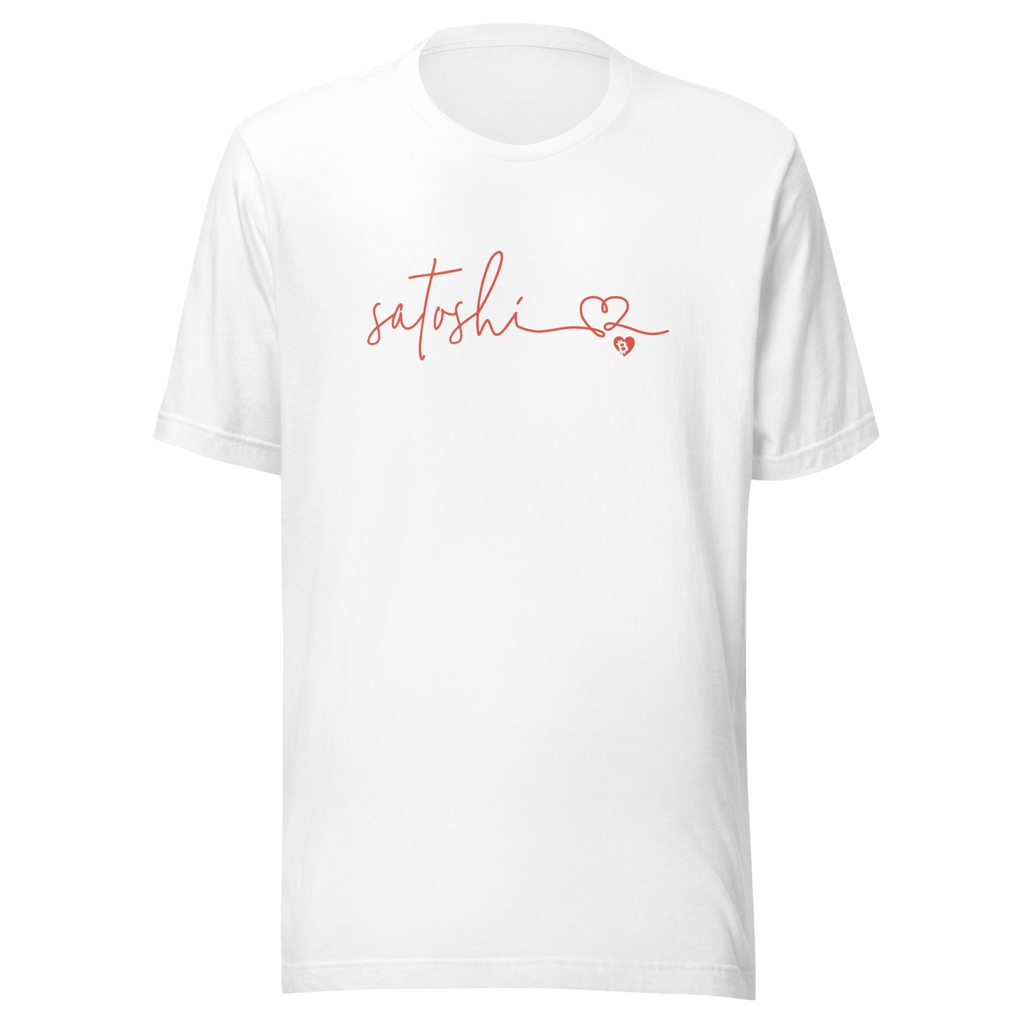 White t-shirt with 'satoshi' and a heart design on a white background