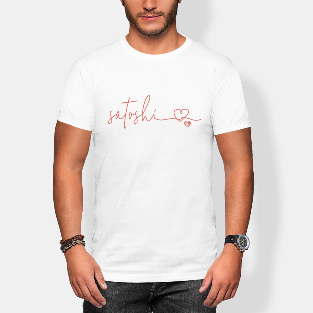 Person wearing a white t-shirt with 'satoshi' and a heart design on a plain background