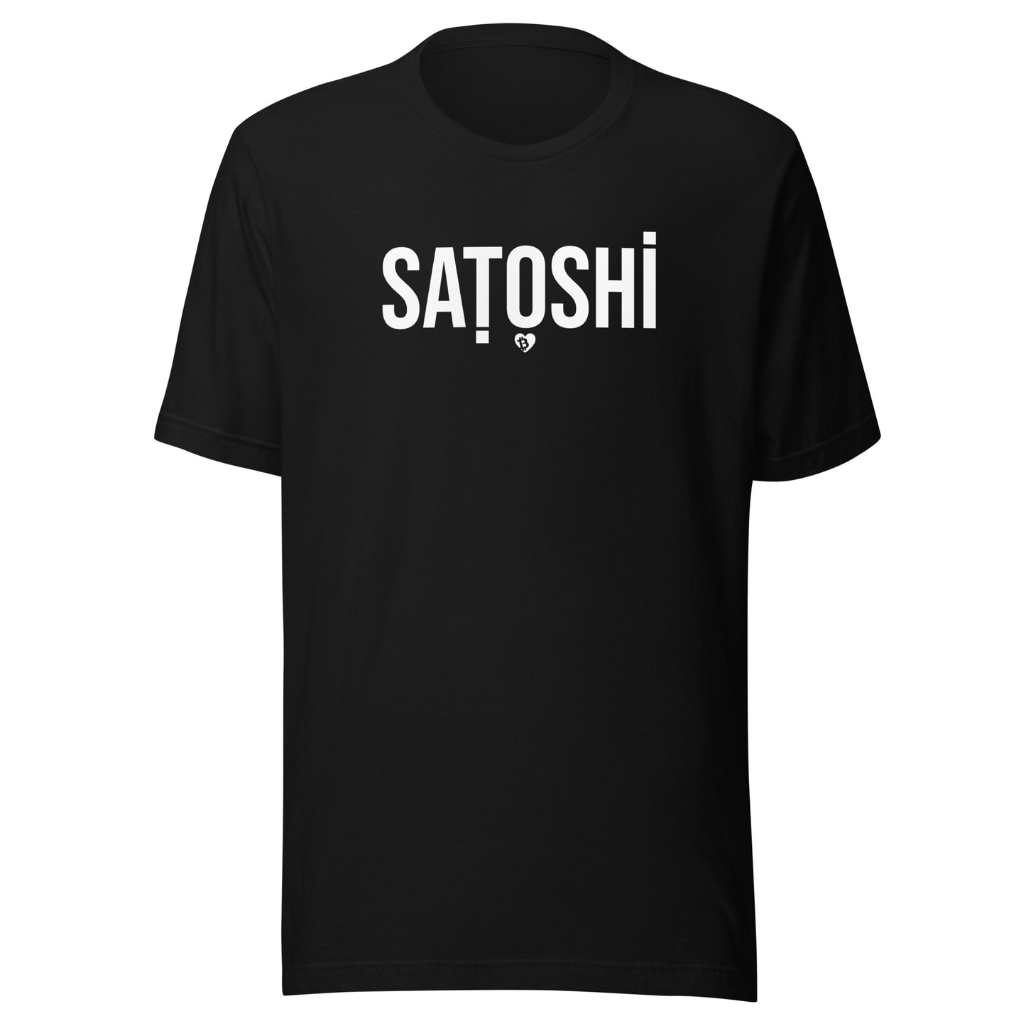 Black t-shirt with 'Satoshi' printed on it against a white background