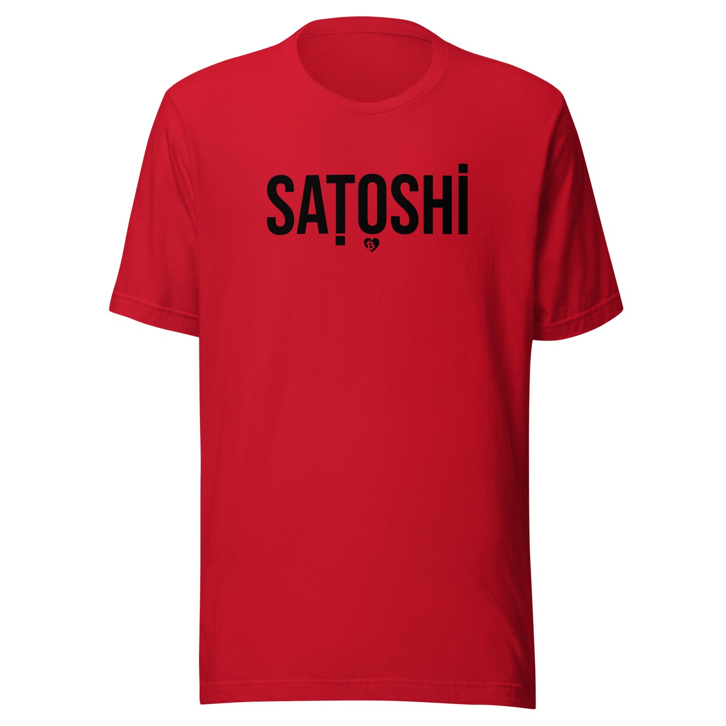 Red t-shirt with 'Satoshi' printed in black on a white background