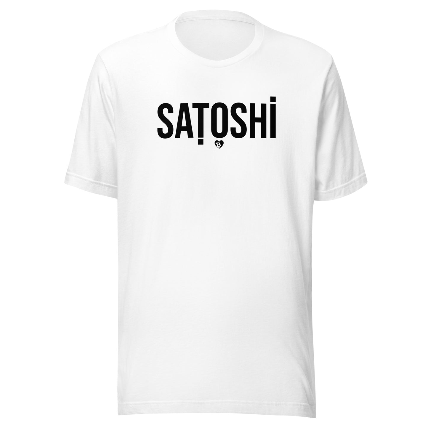 White t-shirt with 'Satoshi' printed on it against a white background