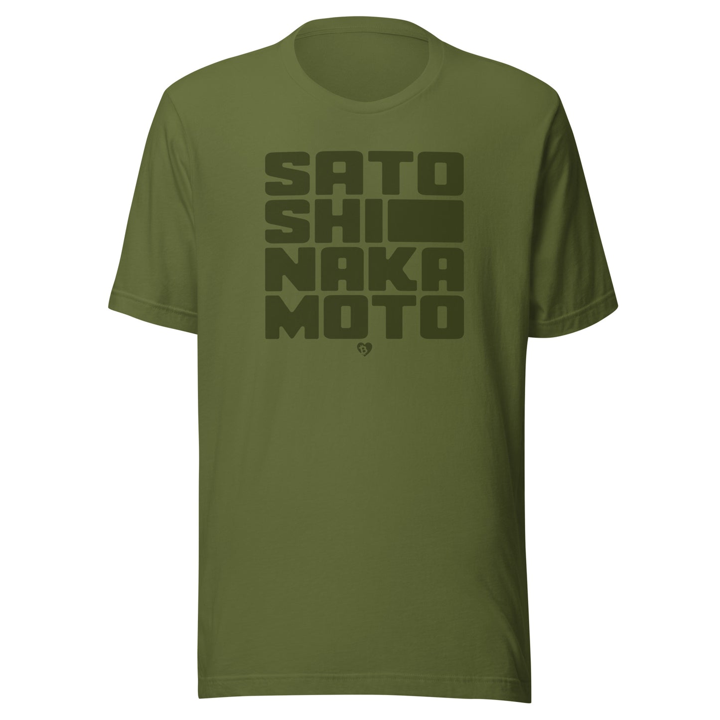 Green t-shirt with black text 'satoshi nakamoto' on a white background