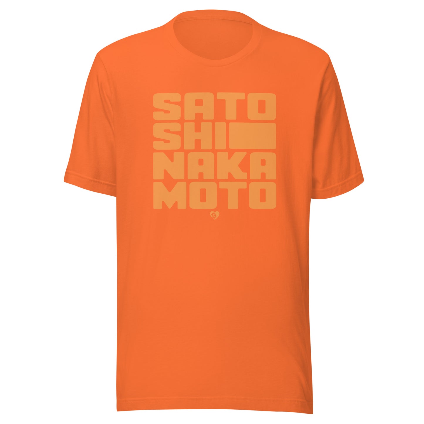 Orange t-shirt with 'SATOSHI NAKAMOTO' text on a white background