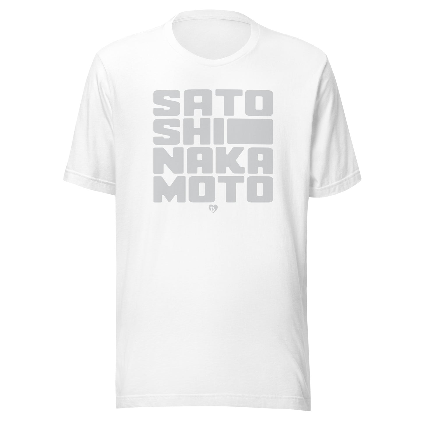 White t-shirt with gray text 'satoshi nakamoto' on a white background