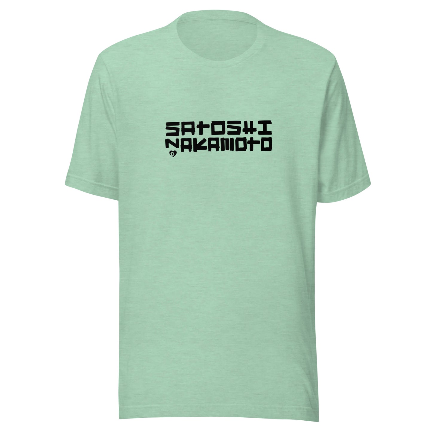 Light green t-shirt with 'Satoshi Nakamoto' printed on a white background