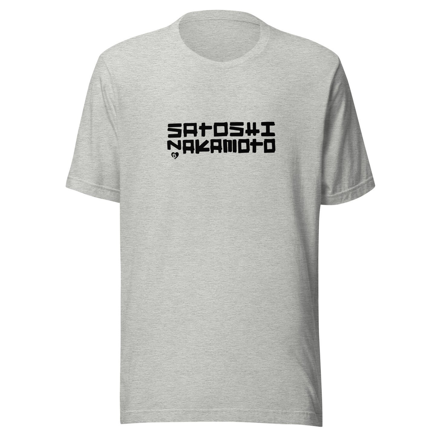 Gray t-shirt with 'Satoshi Nakamoto' text on a white background