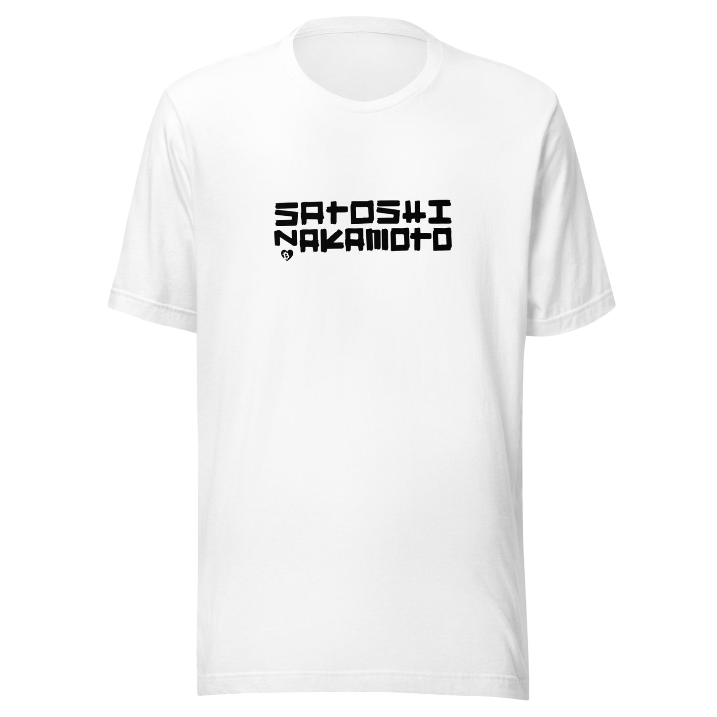 White t-shirt with 'Satoshi Nakamoto' printed on a white background