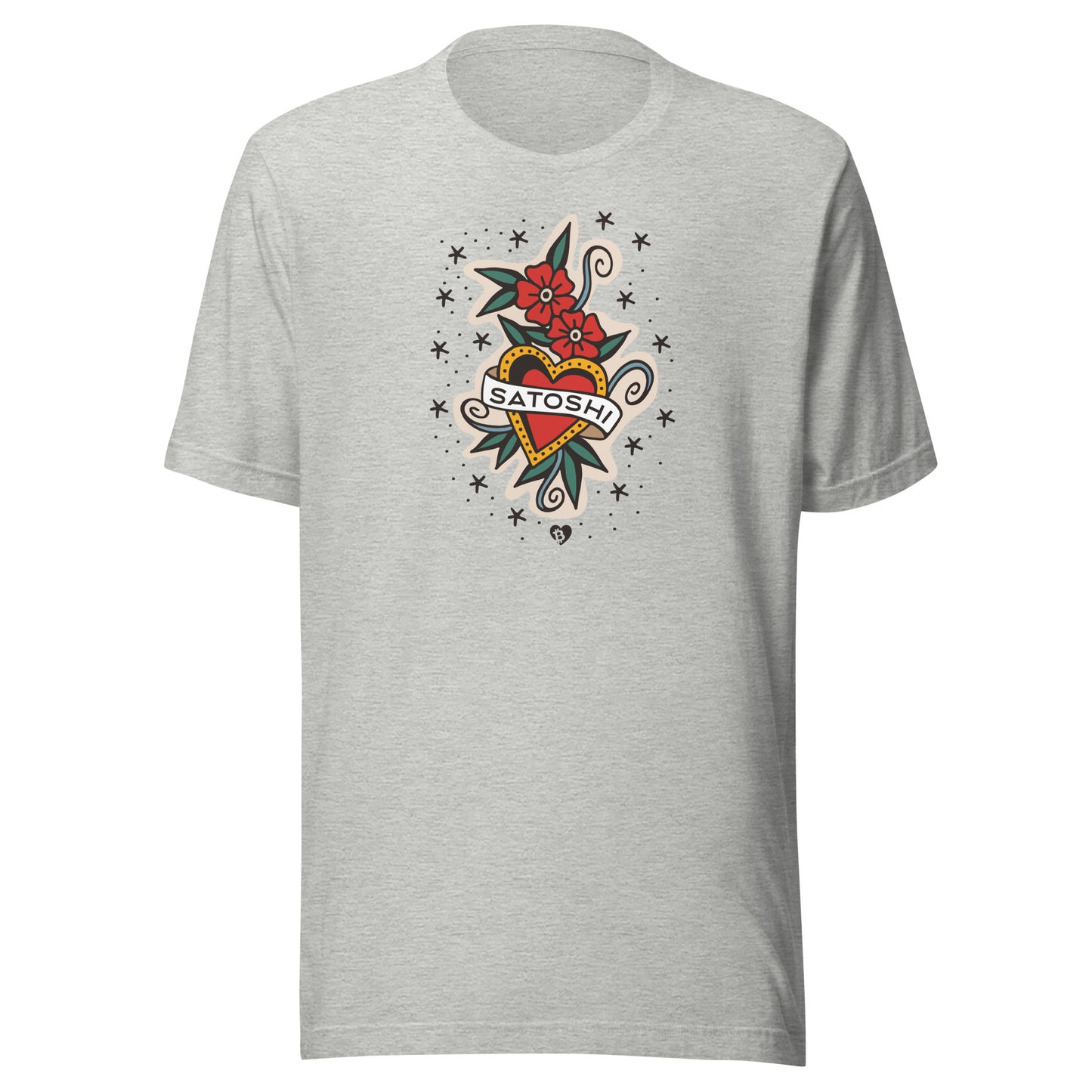 Gray t-shirt with a colorful tattoo-style design featuring a heart and flowers on a white background