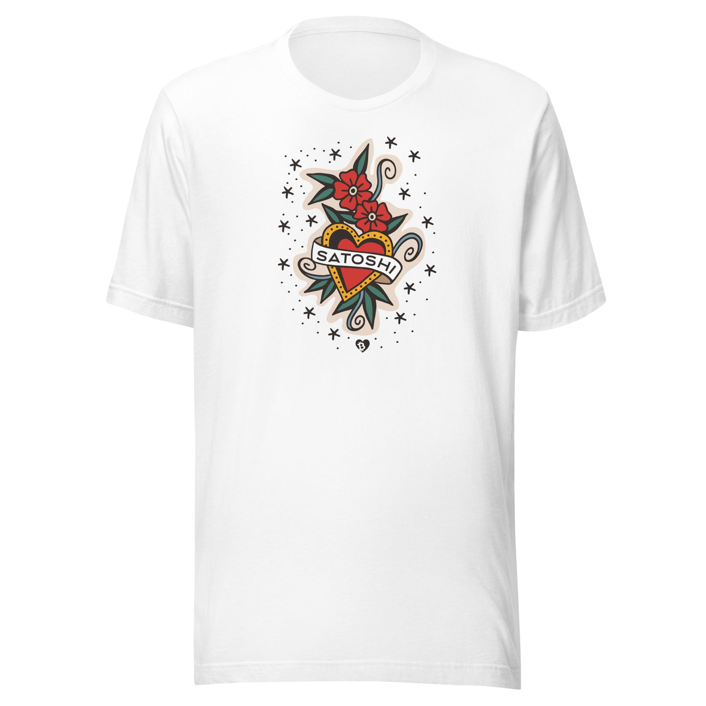 White t-shirt with a colorful tattoo-style design featuring a heart and flowers, with 'Satoshi' text, on a white background.