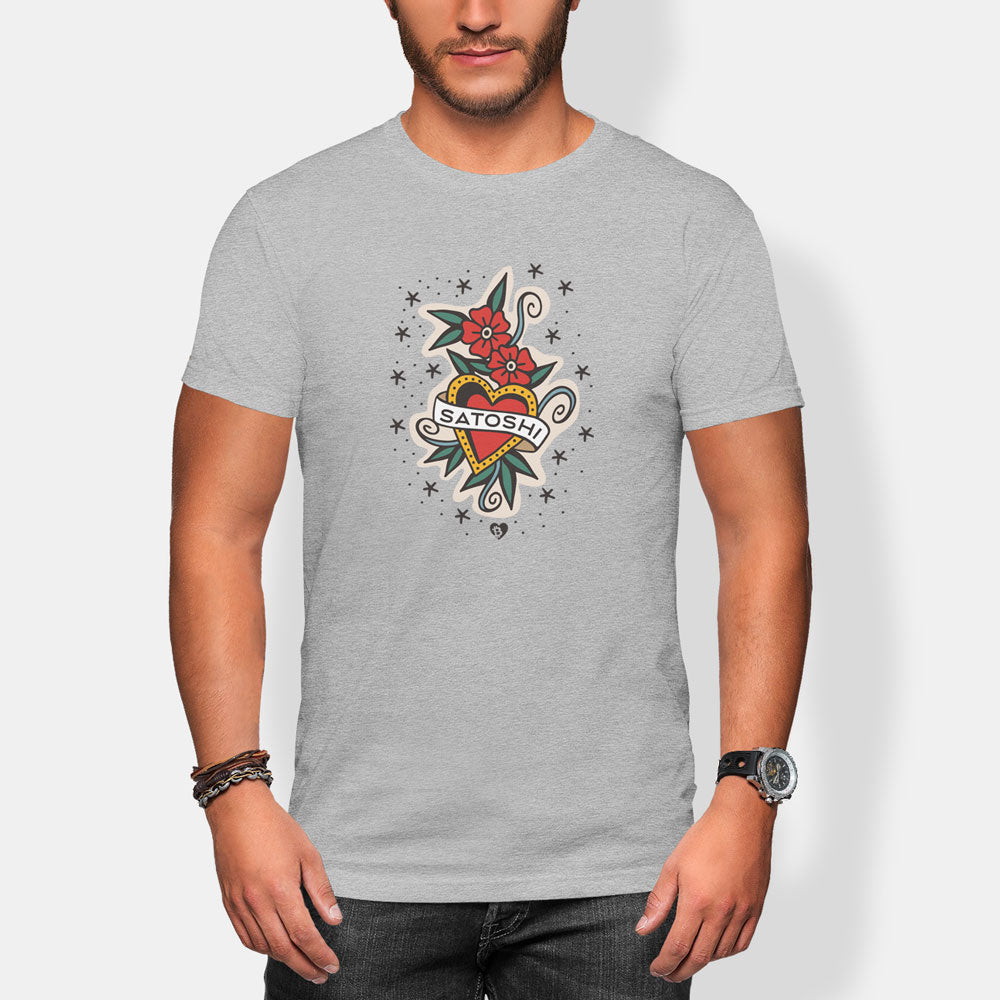 Person wearing a gray t-shirt with a colorful tattoo design and 'Satoshi' text on a white background
