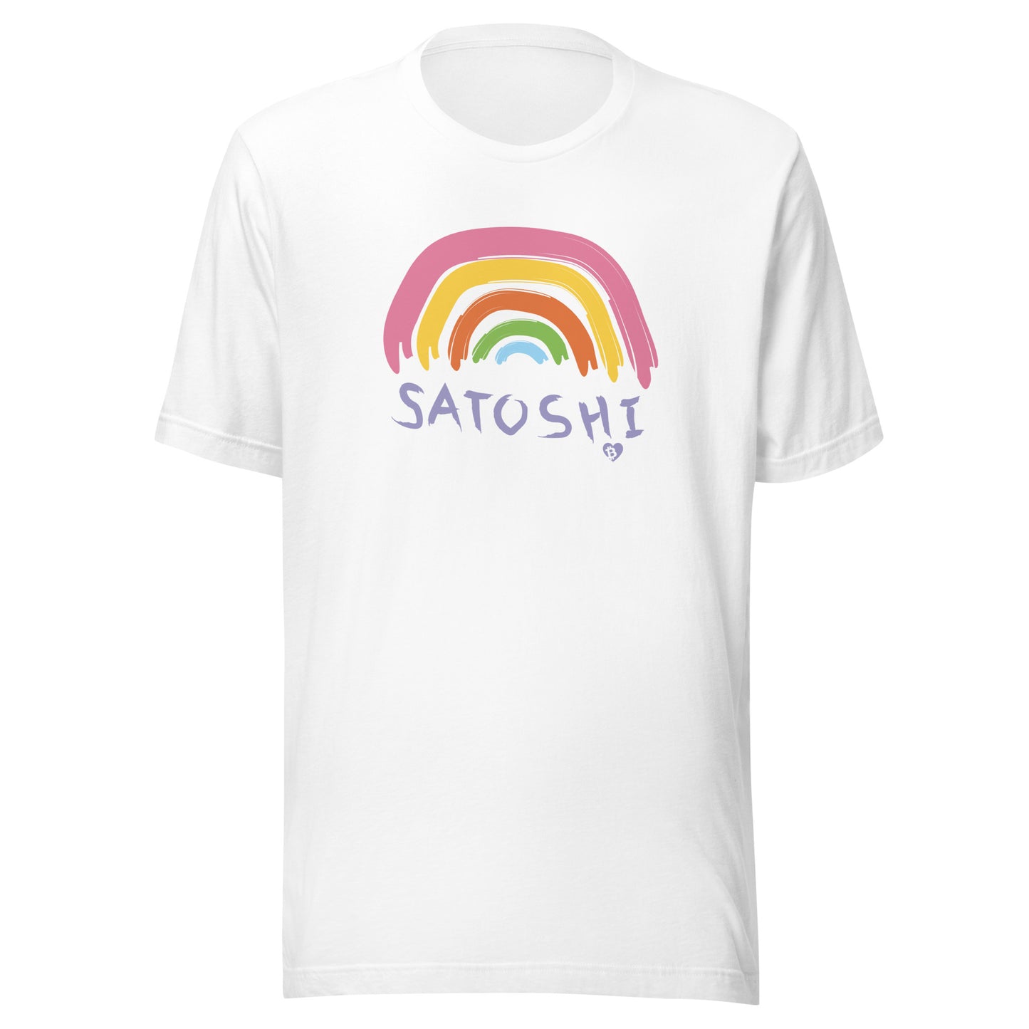 White t-shirt with a colorful rainbow and 'Satoshi' text on a white background