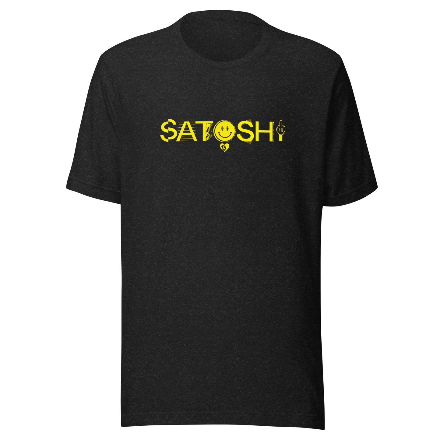 Black t-shirt with yellow 'Satoshi' text and smiley face on a white background