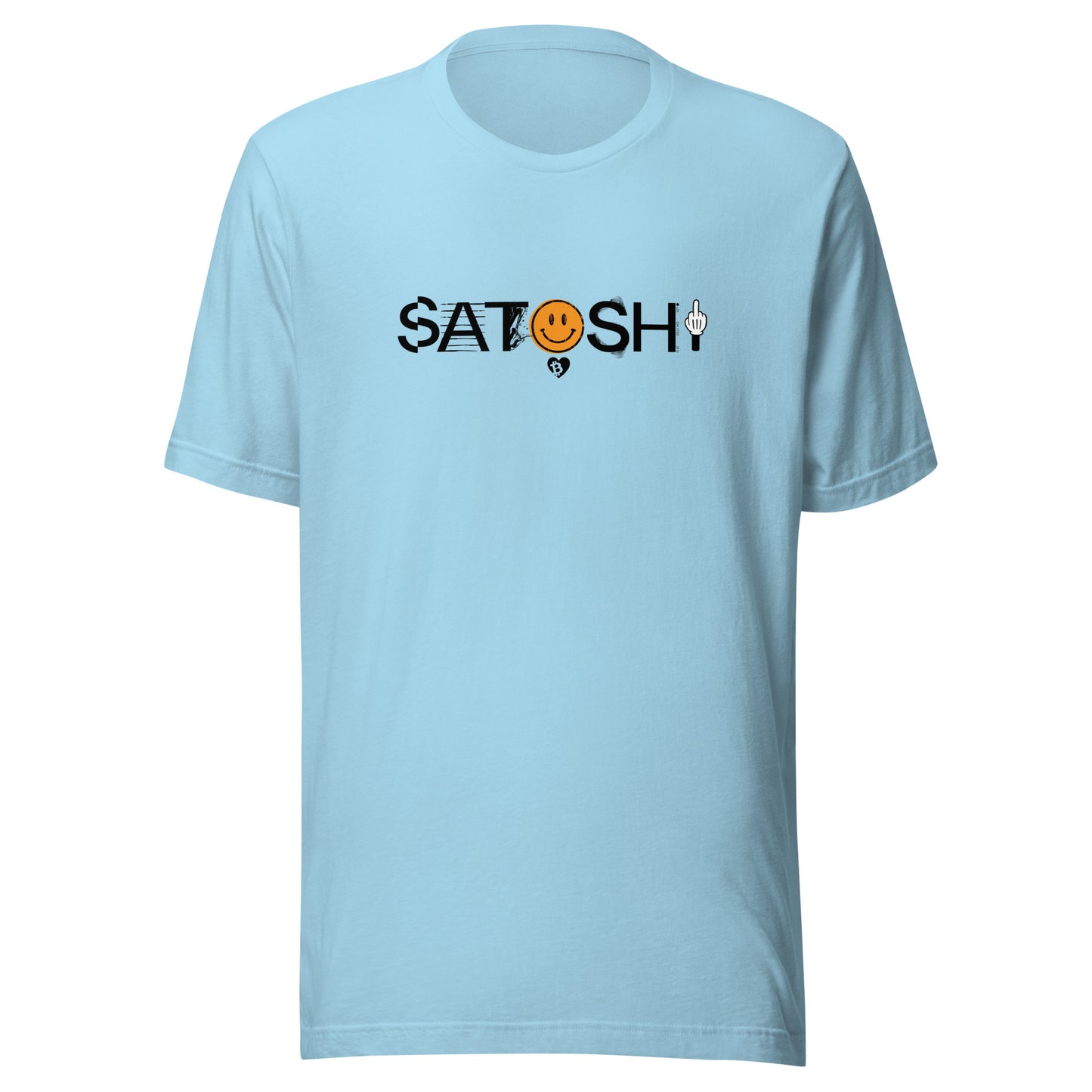 Light blue t-shirt with 'Satoshi' graphic design on a white background