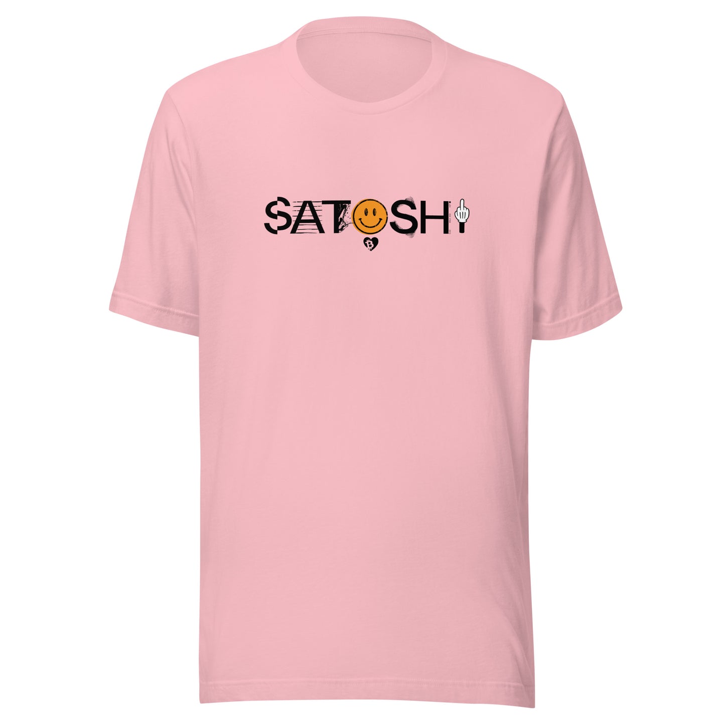 Pink t-shirt with 'Satoshi' design on a white background