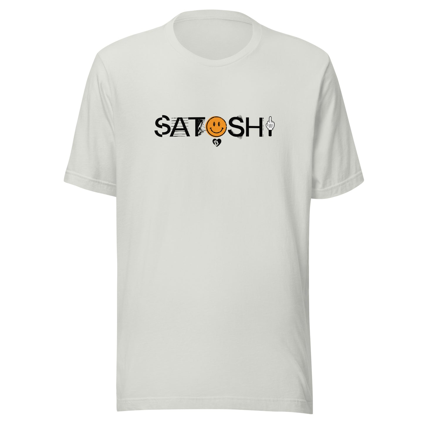 White t-shirt with 'Satoshi' graphic design on a white background