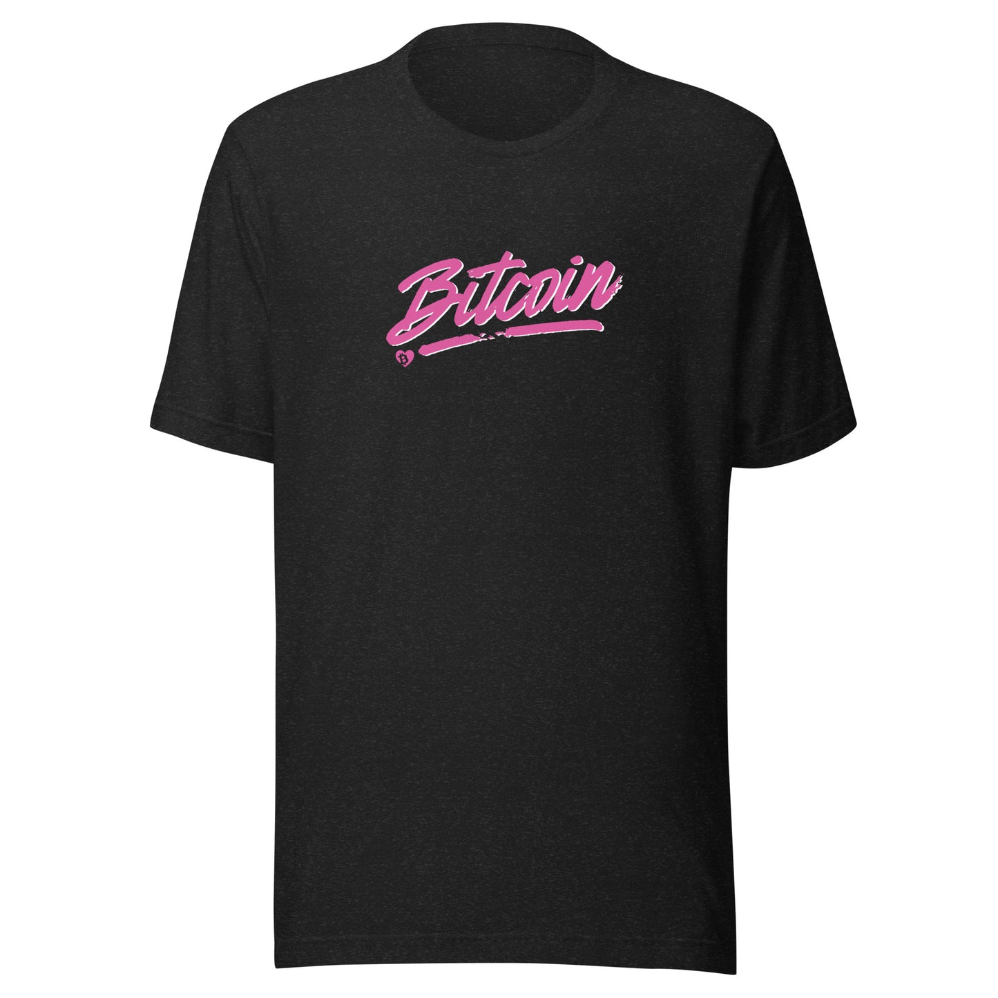 Black t-shirt with pink 'Bitcoin' text on a white background