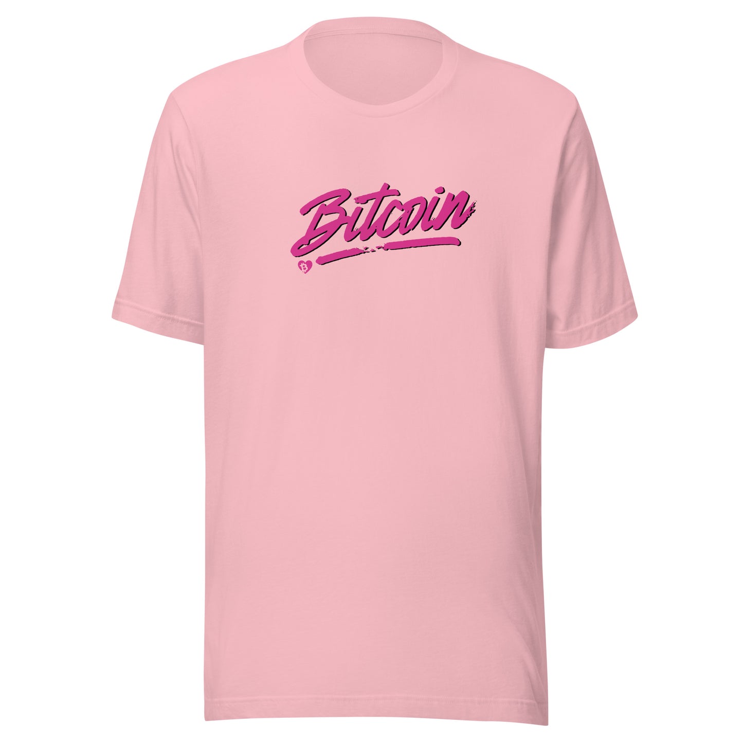 Pink t-shirt with 'Bitcoin' text on a white background