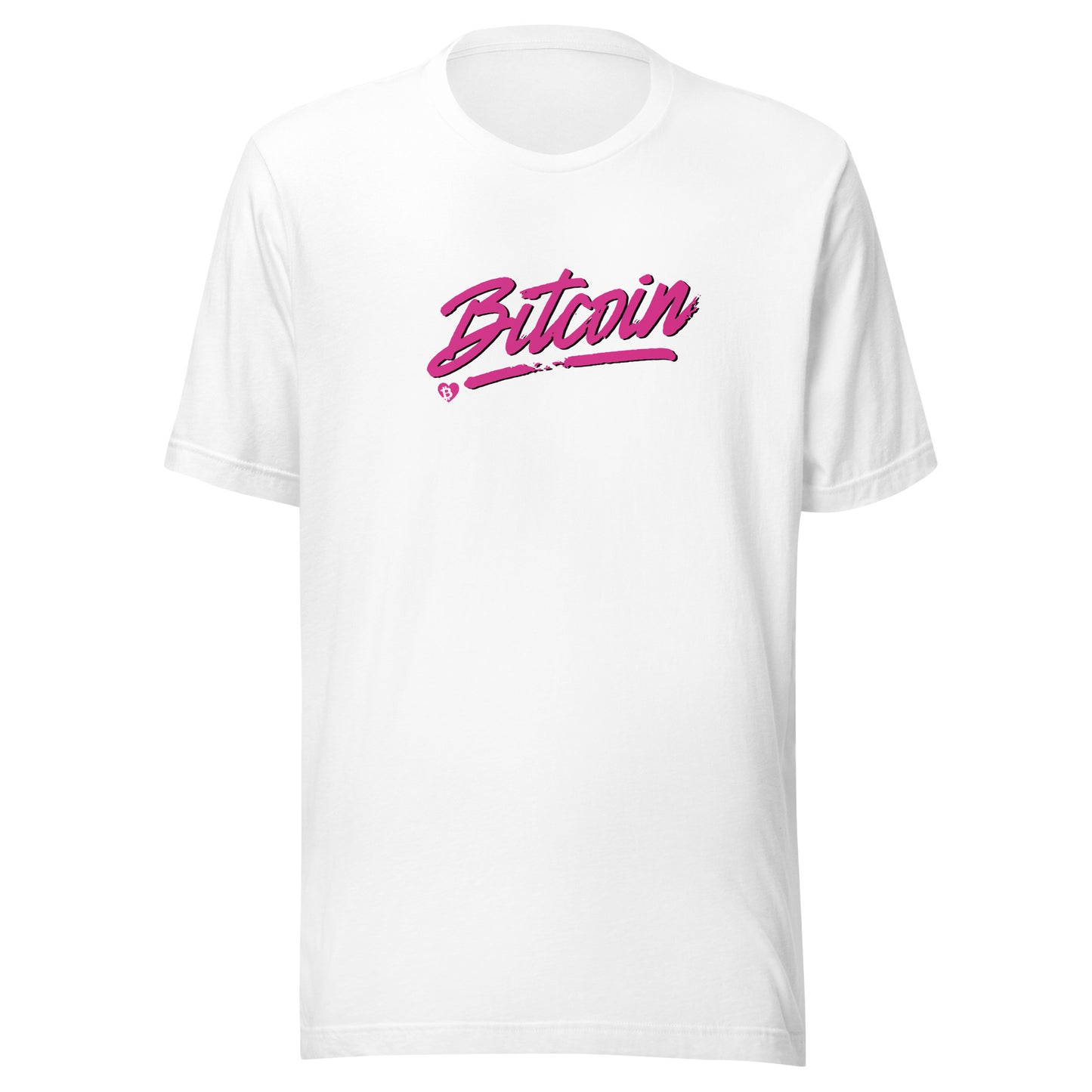 White t-shirt with pink 'Bitcoin' text on a white background