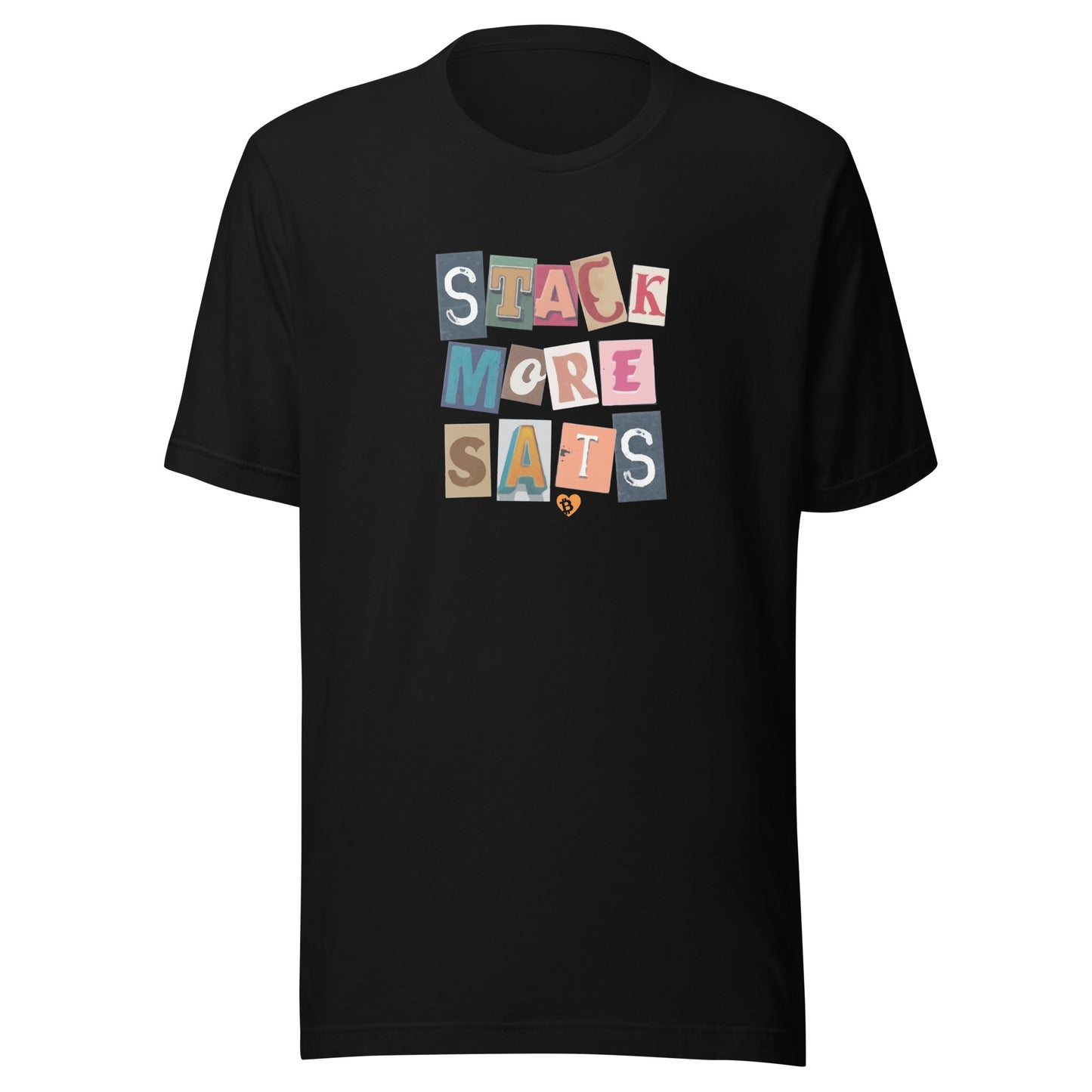 Black t-shirt with colorful text design 'stack more sats' on a white background