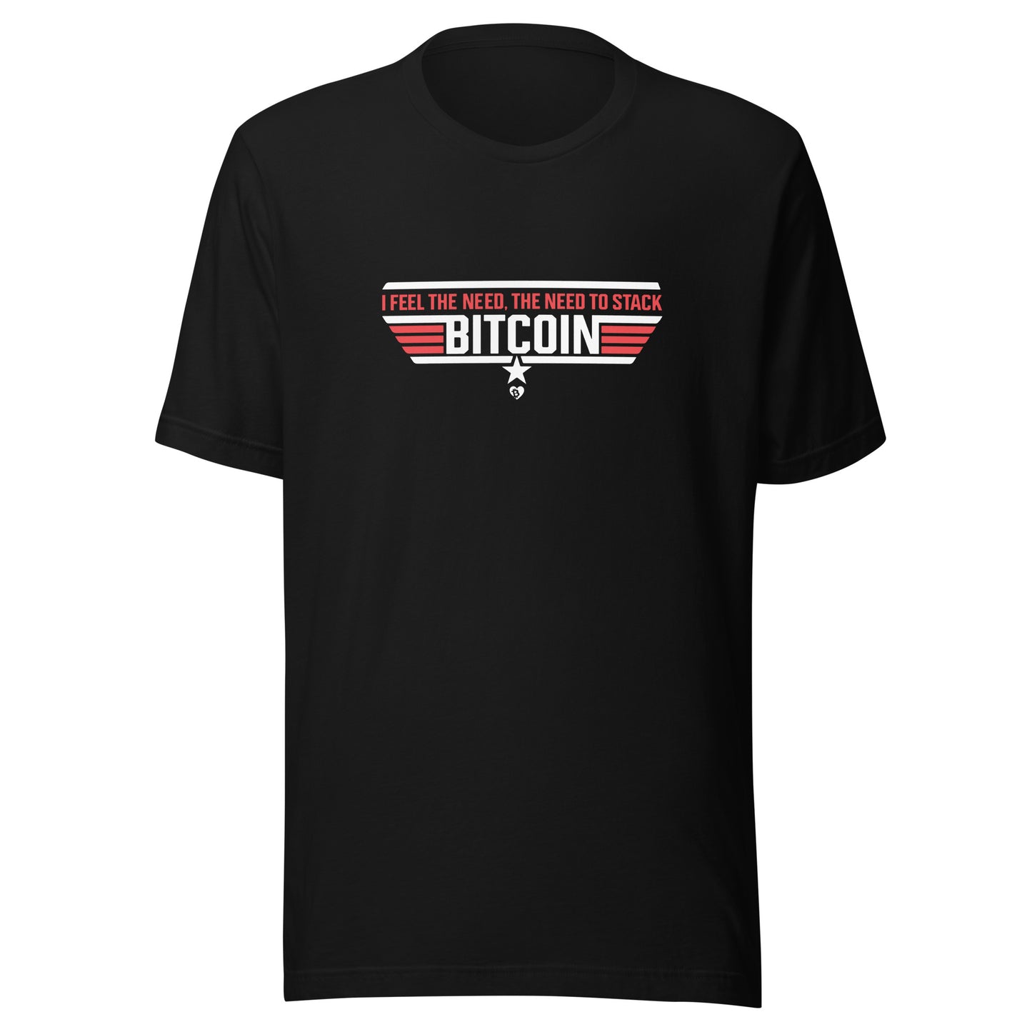 Black t-shirt with Bitcoin graphic and text on a white background