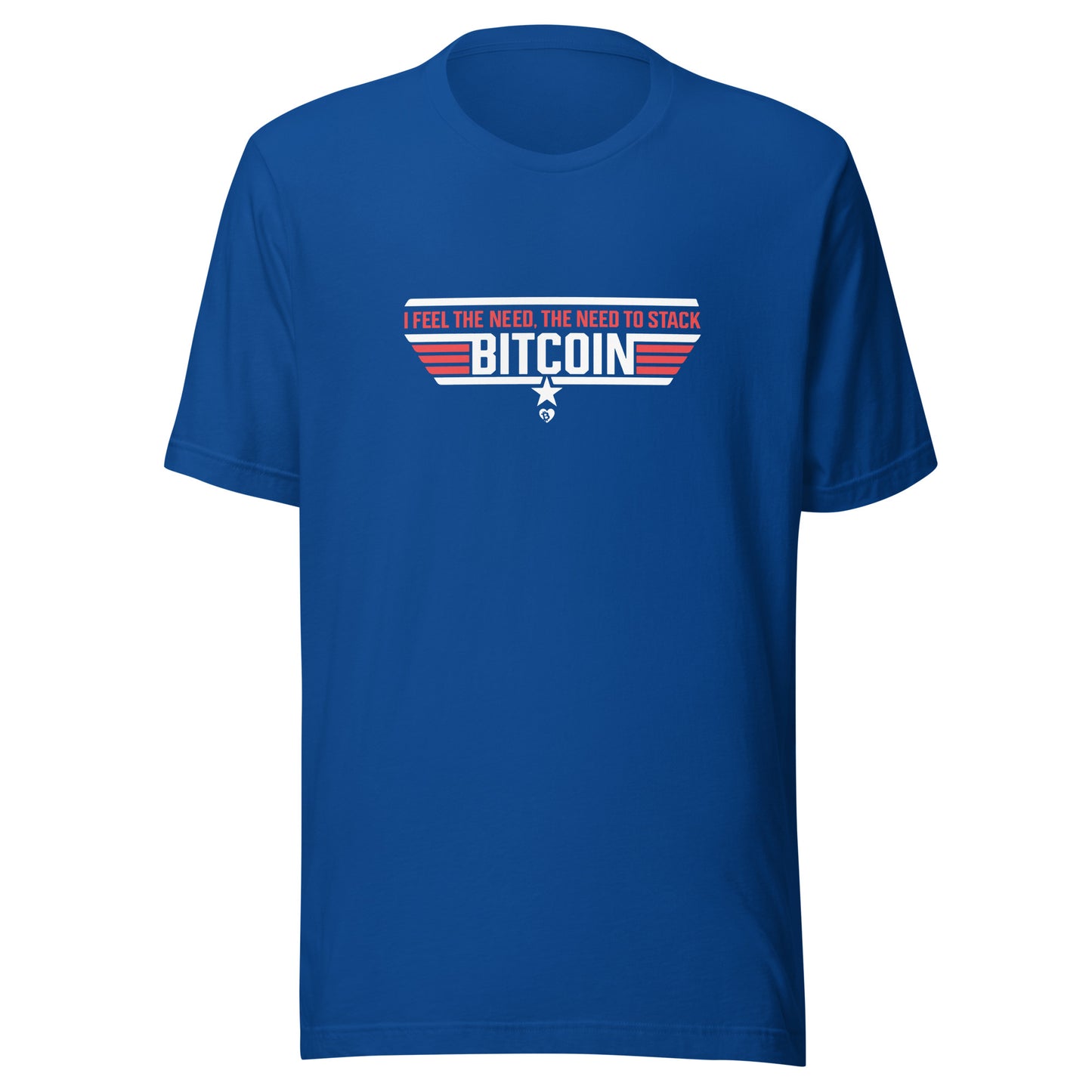 Blue t-shirt with Bitcoin graphic and text on a white background