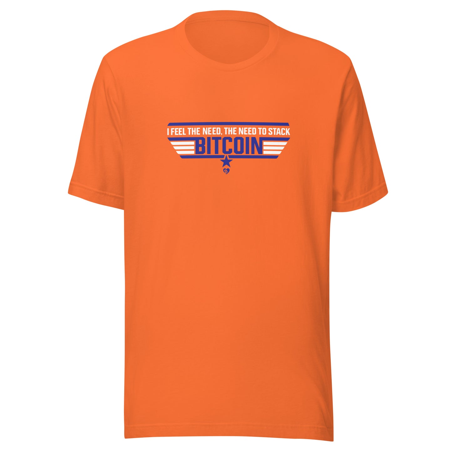Orange t-shirt with Bitcoin-themed graphic on a white background