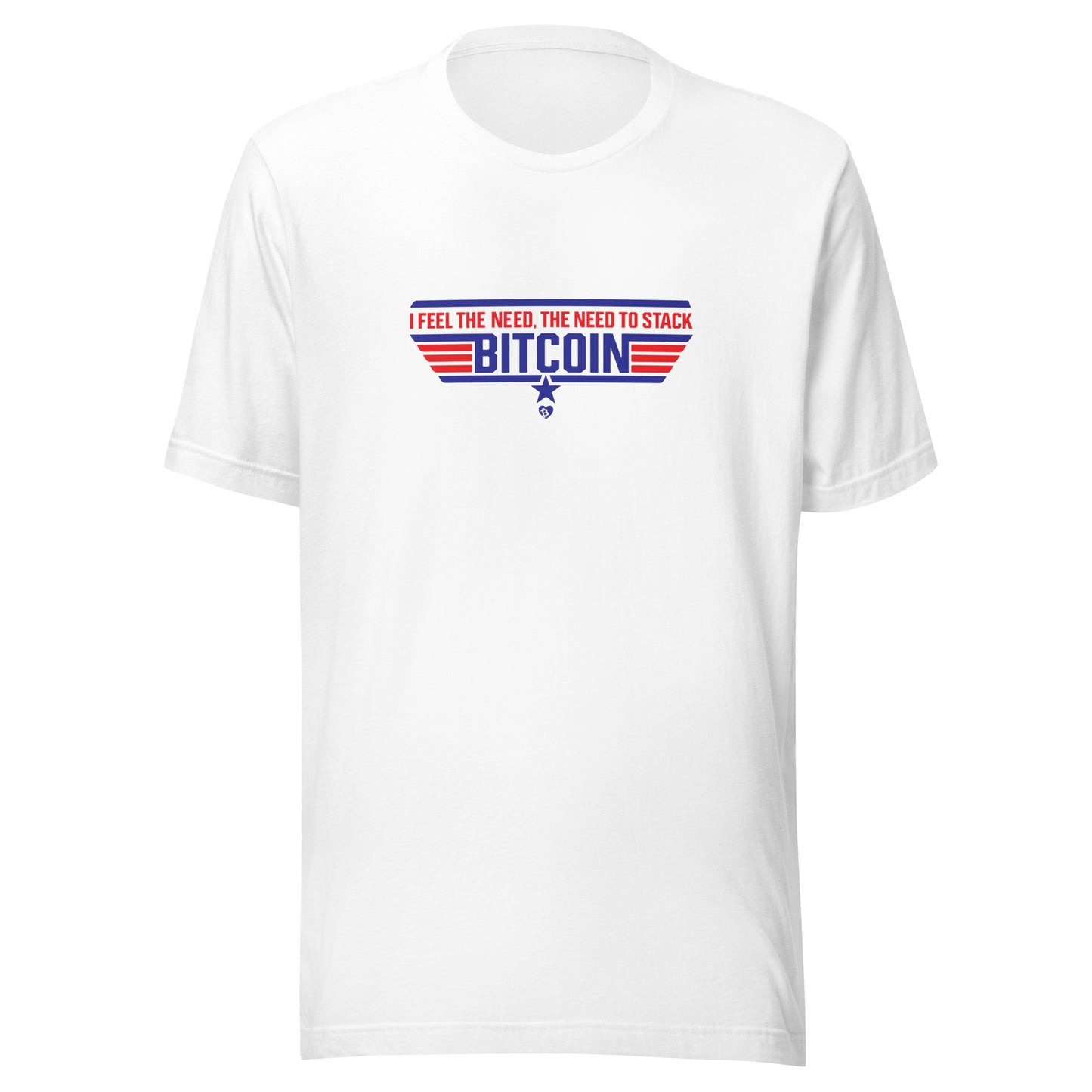 White t-shirt with Bitcoin-themed graphic on a white background