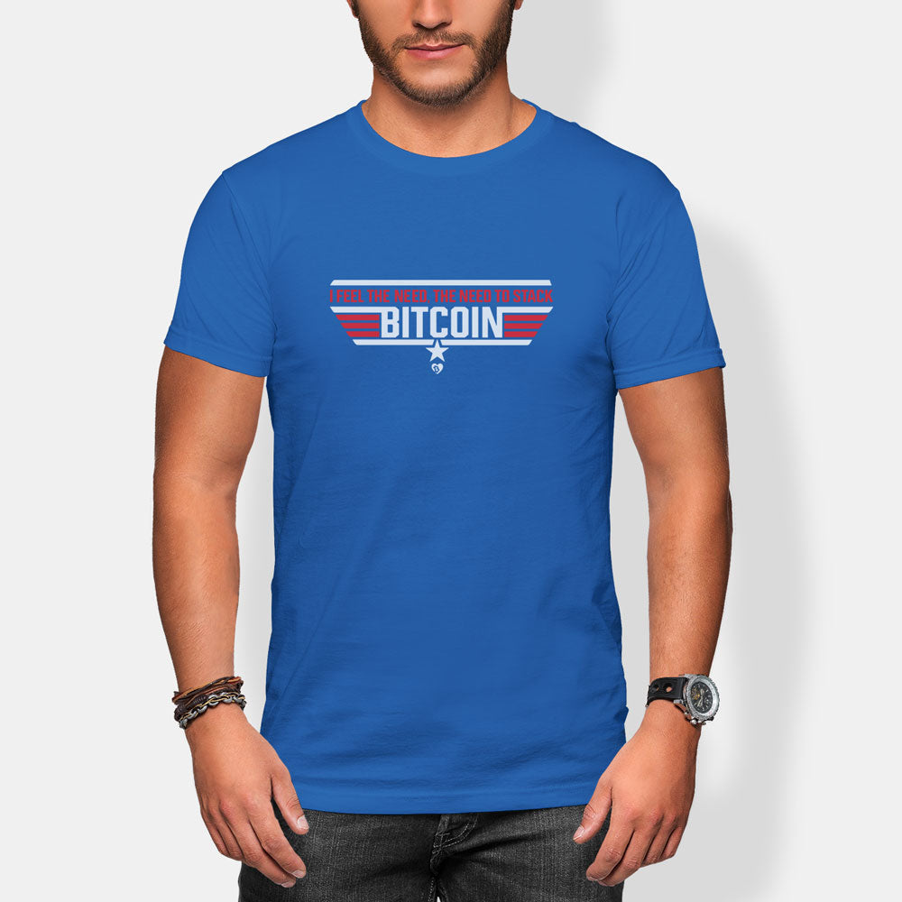 Person wearing a blue t-shirt with 'BITCOIN' printed on it against a white background