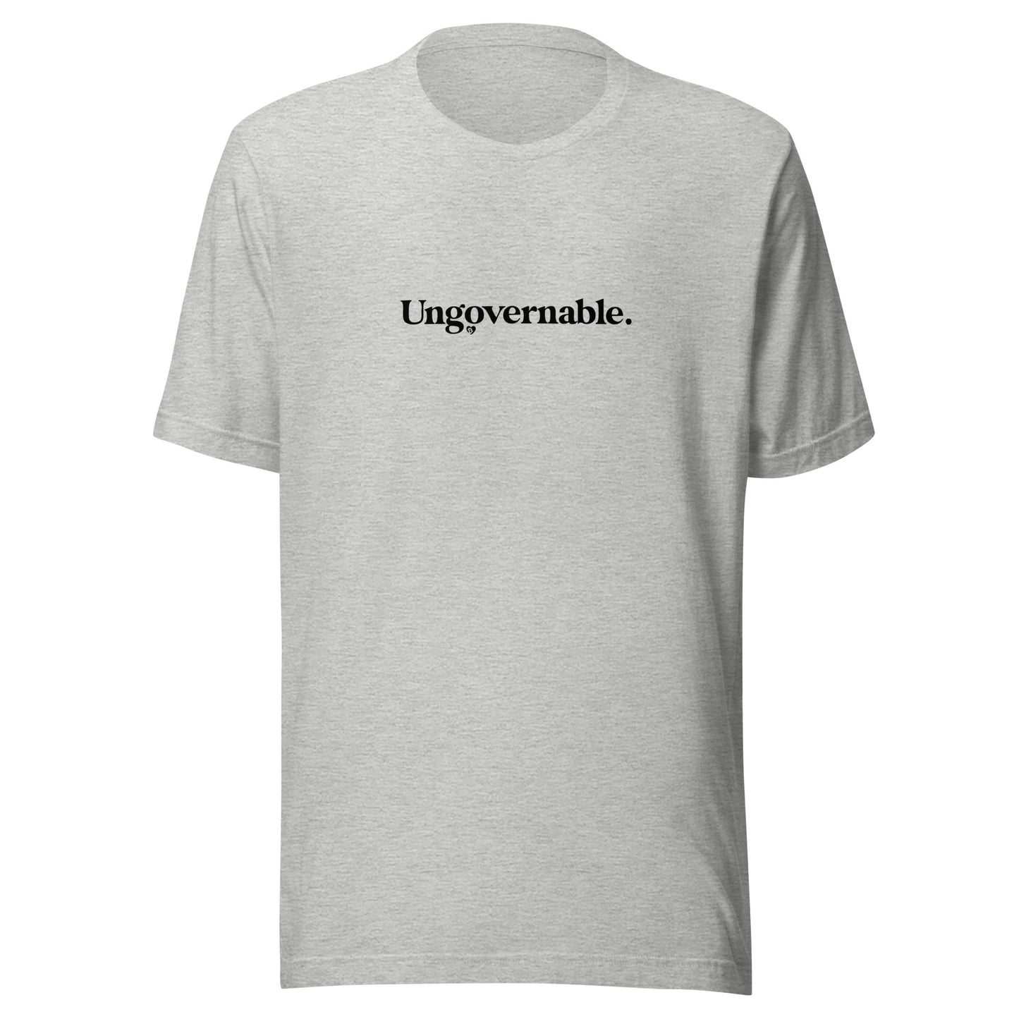 Gray t-shirt with 'Ungovernable' text on a white background