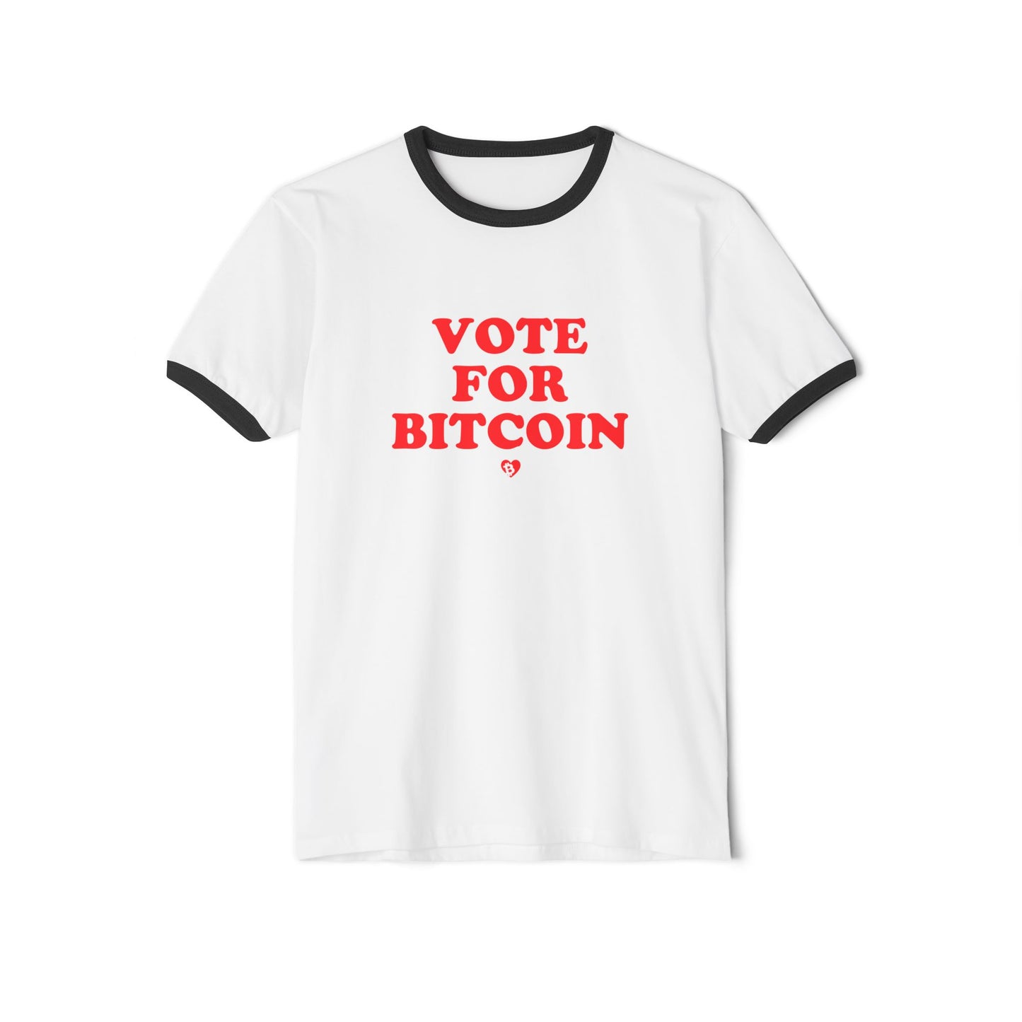 White t-shirt with red text 'Vote for Bitcoin' on a white background