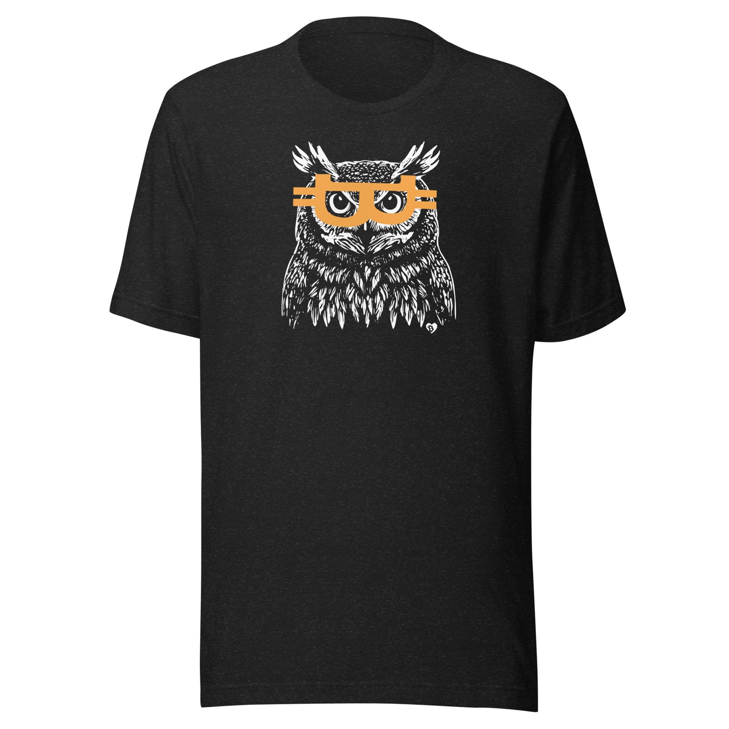 Black t-shirt with an owl design wearing bitcoin glasses on a white background
