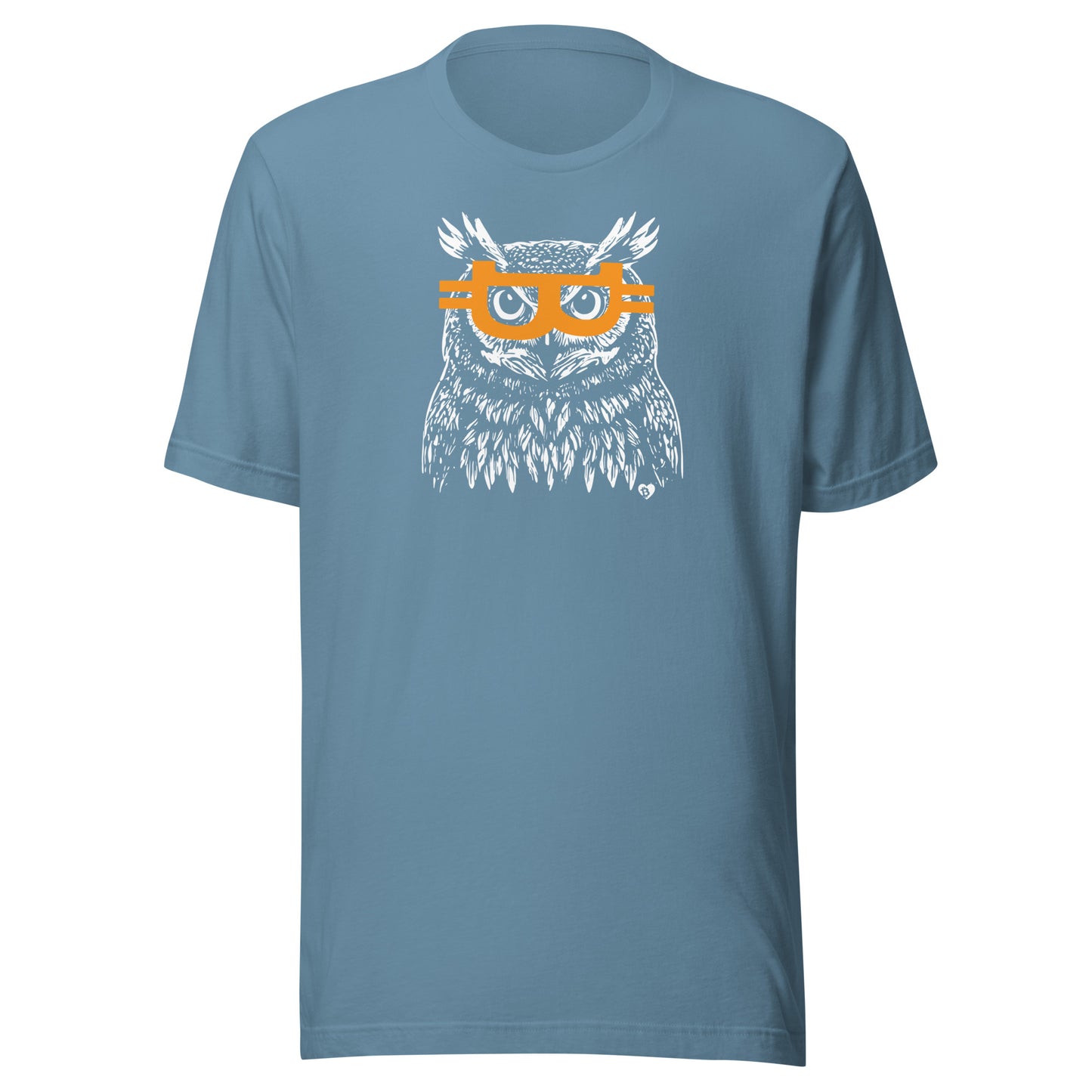 Blue t-shirt with an owl graphic wearing orange bitcoin glasses on a white background