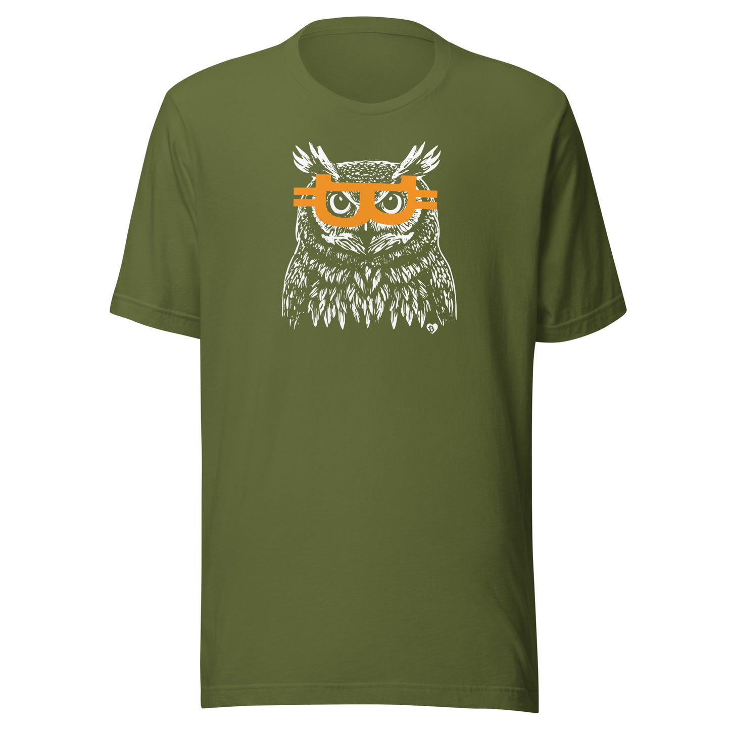Green t-shirt with an owl graphic wearing orange bitcoin glasses on a white background