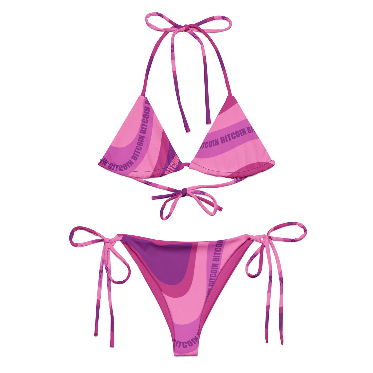 Pink and purple bikini set with 'Victoria's Secret' bitcoin branding on a white background