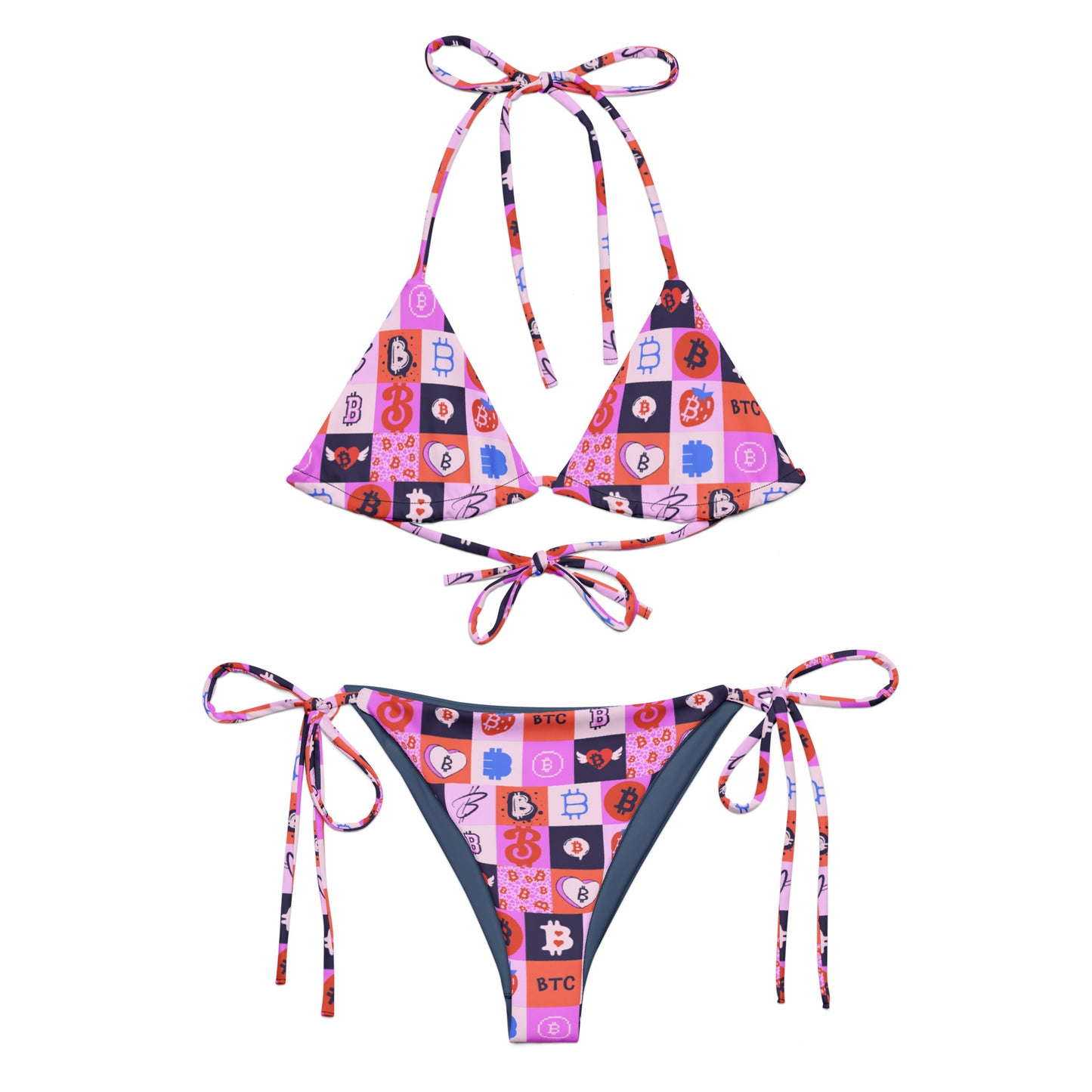 Colorful bitcoin bikini set with geometric pattern on a white background
