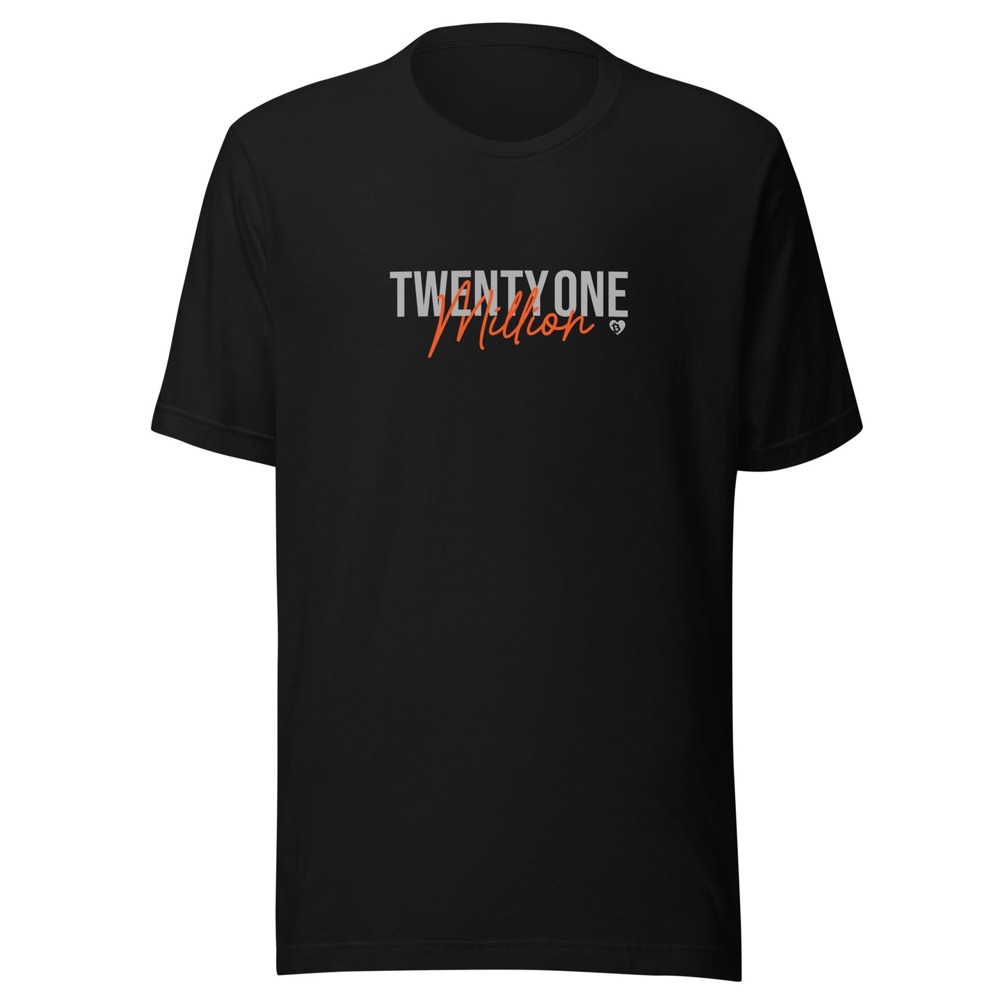 Black t-shirt with 'TWENTY ONE MILLION' text on a white background