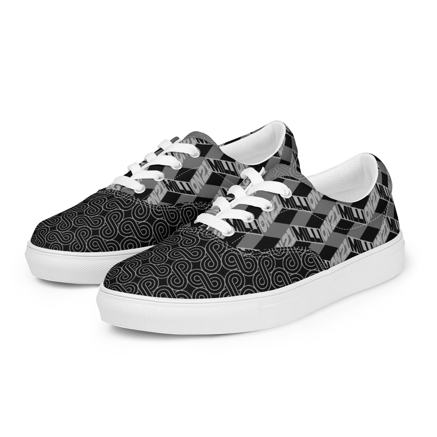 Black and white 21 million patterned sneakers on a white background