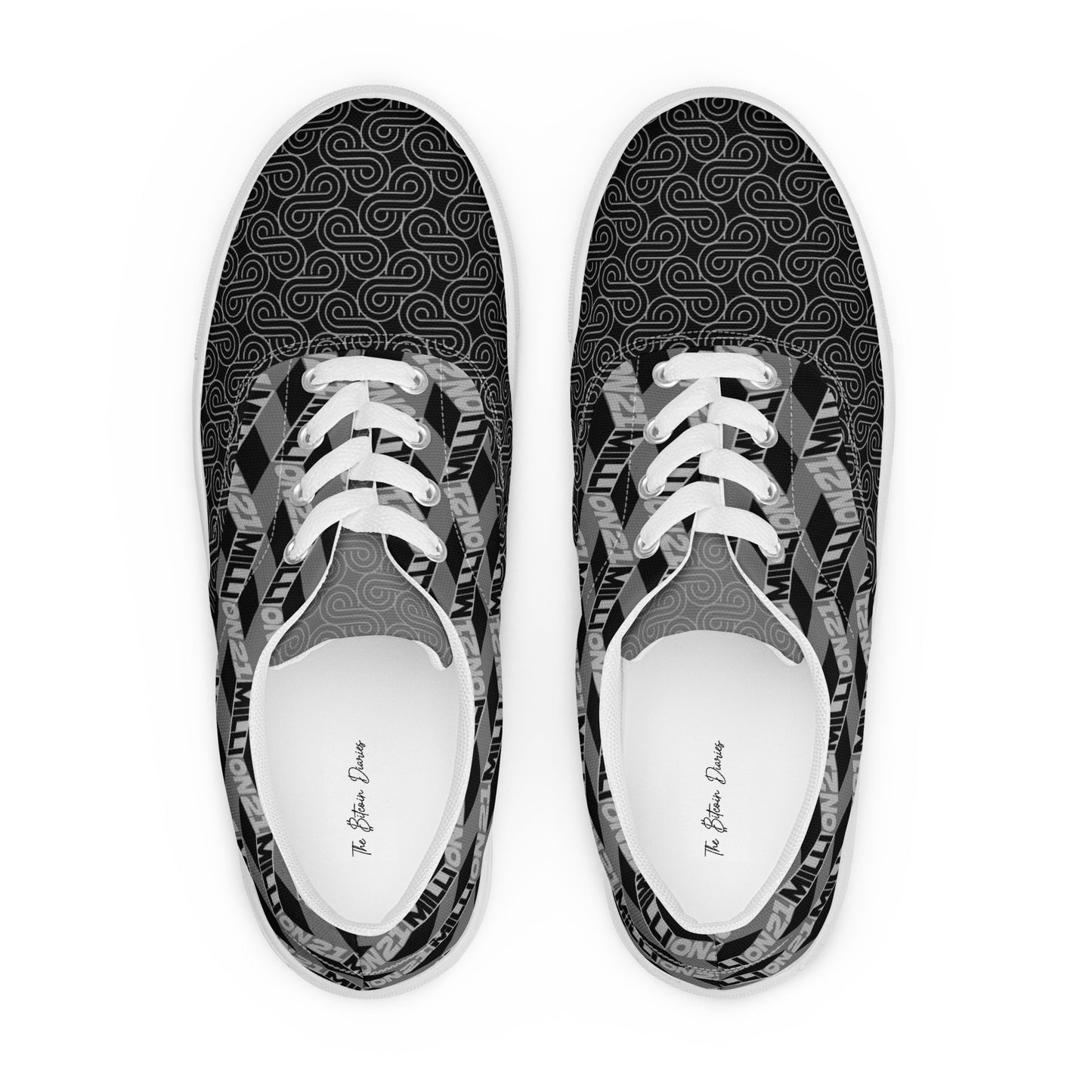 Black and white 21 million patterned sneakers on a white background