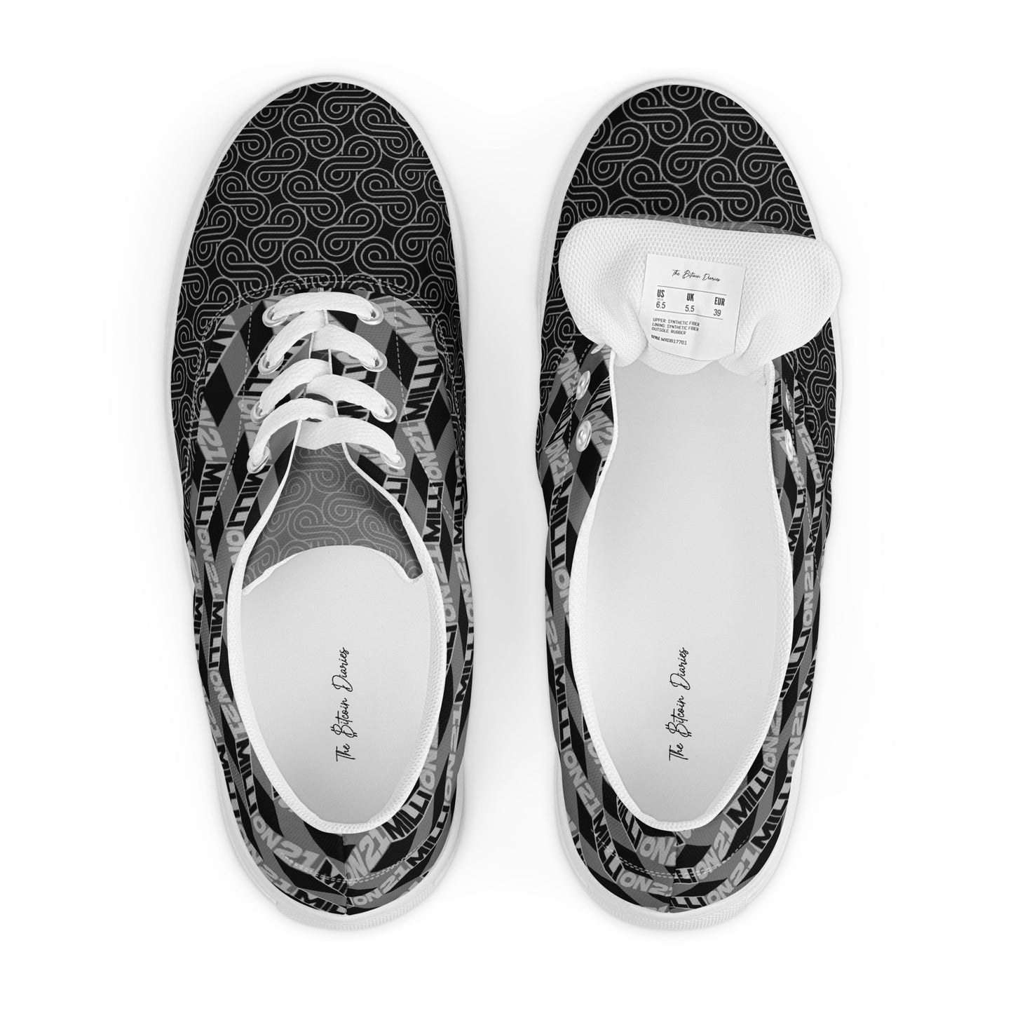 Black and white 21 million patterned shoes with brand name on a white background