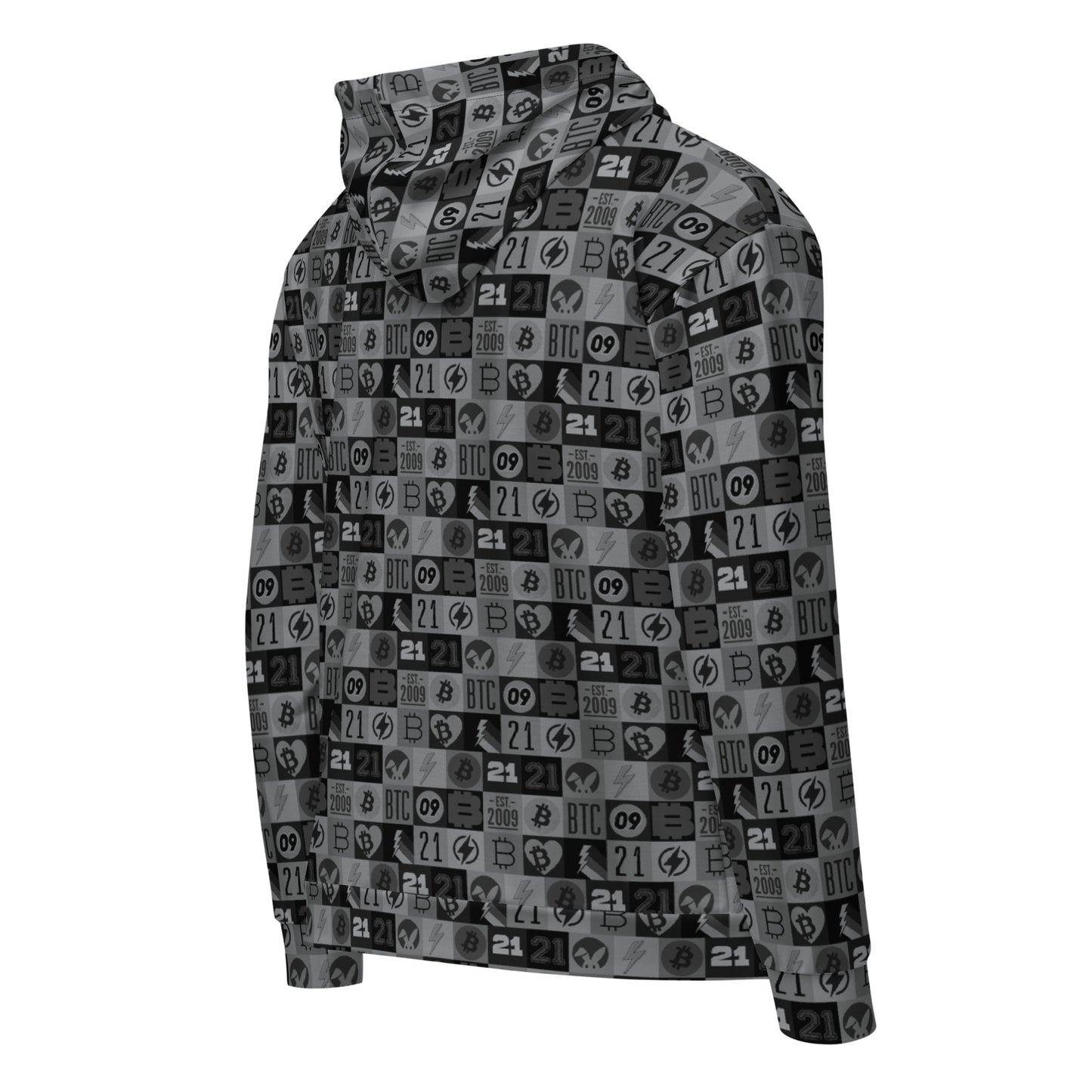 Hoodie with a bitcoin patterned design on a white background