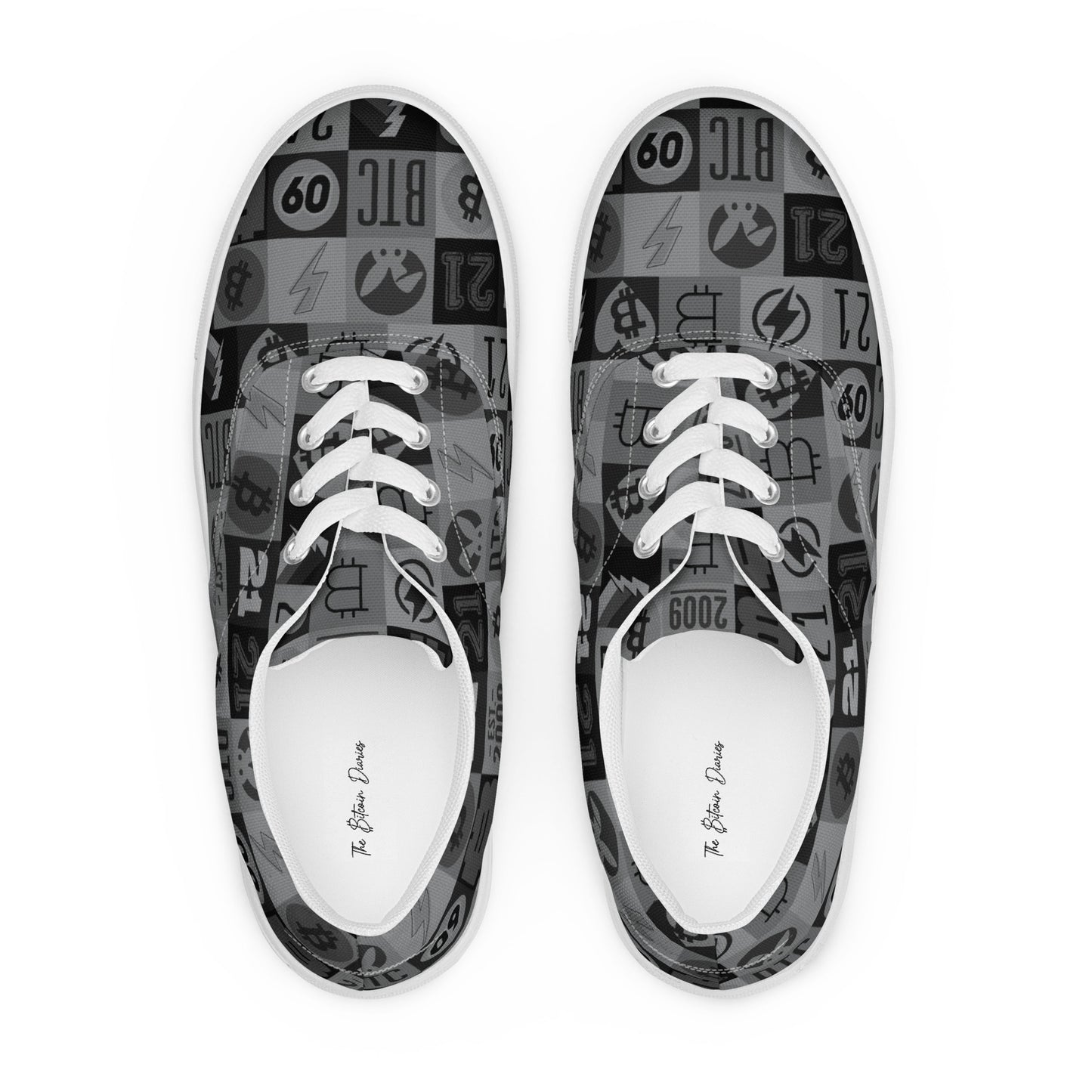 Pair of sneakers with a bitcoin patterned sole on a white background