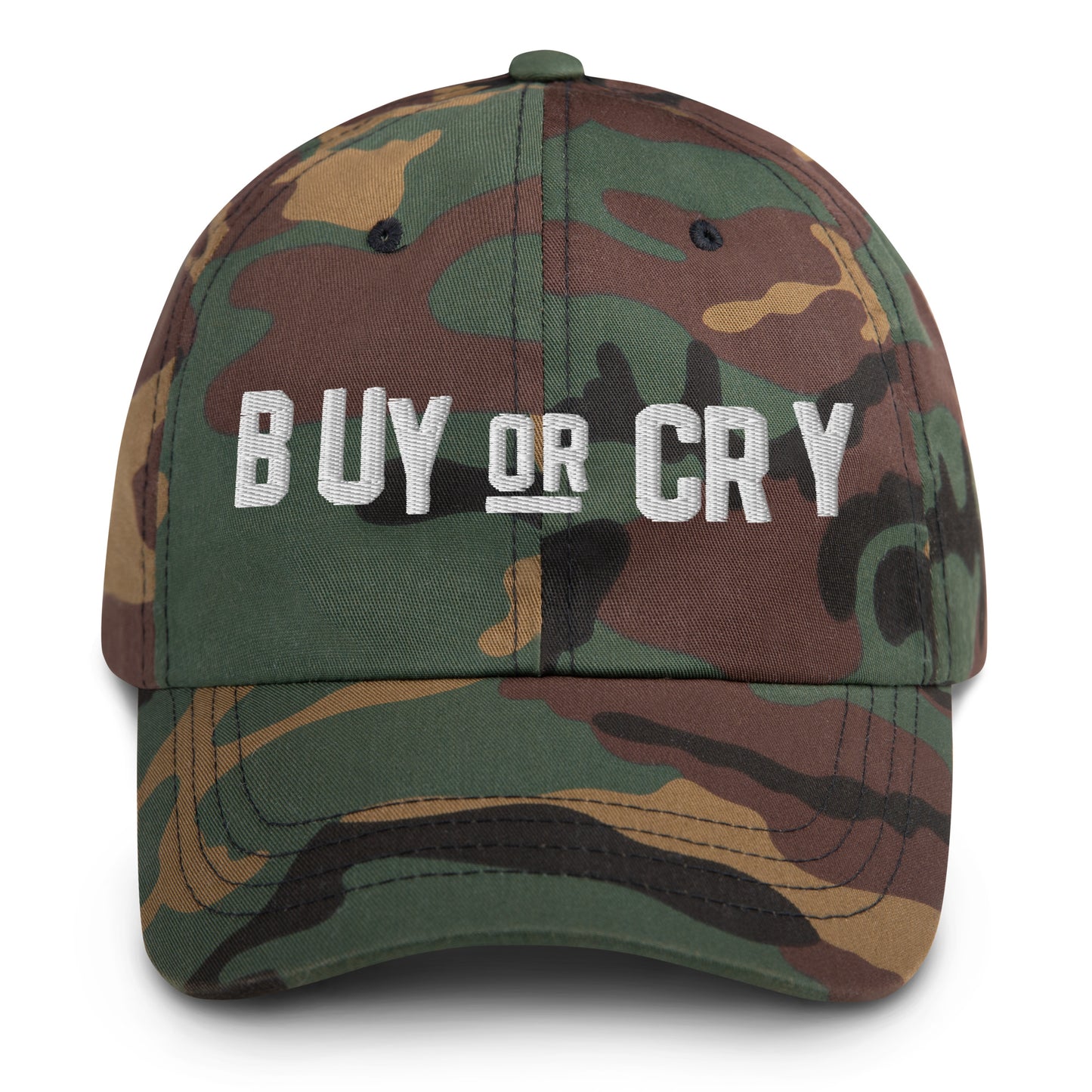 Camouflage cap with 'BUY OR CRY' text on a white background