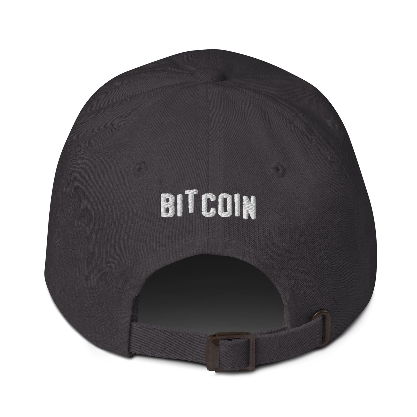 Black cap with 'BITCOIN' embroidered on the back against a white background